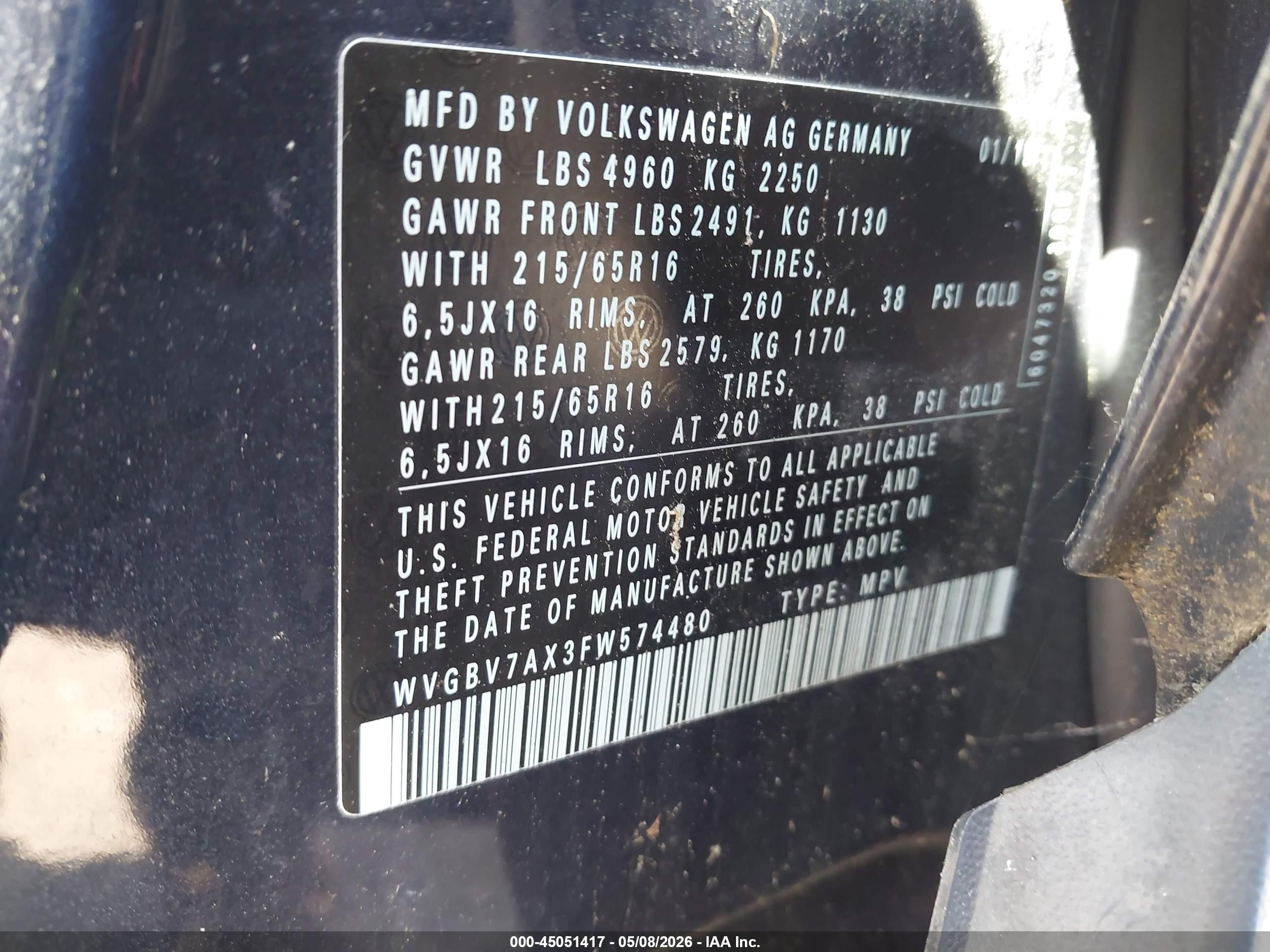 2015 Volkswagen Tiguan S Black vin: WVGBV7AX3FW574480