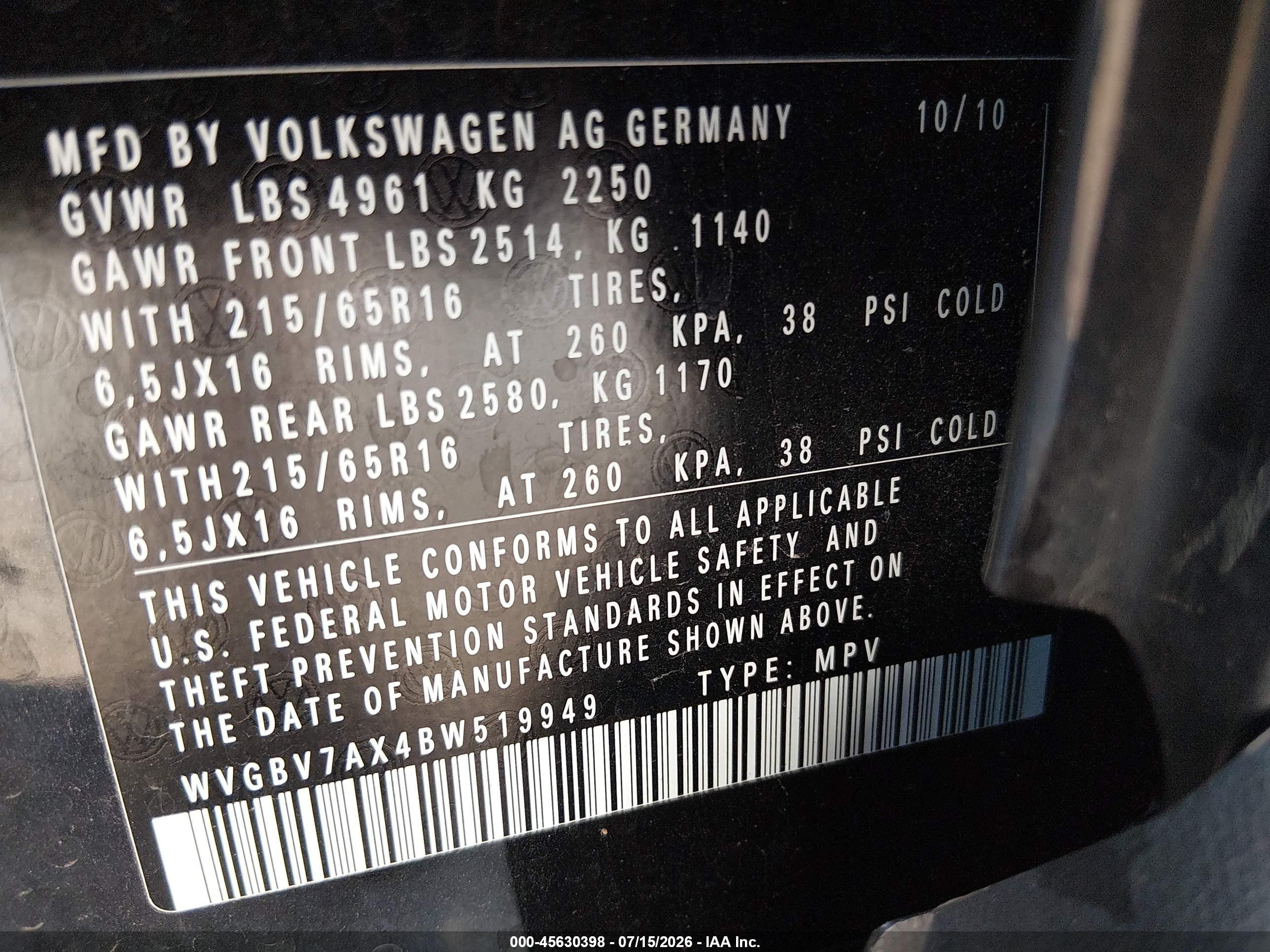 2011 Volkswagen Tiguan S Black vin: WVGBV7AX4BW519949