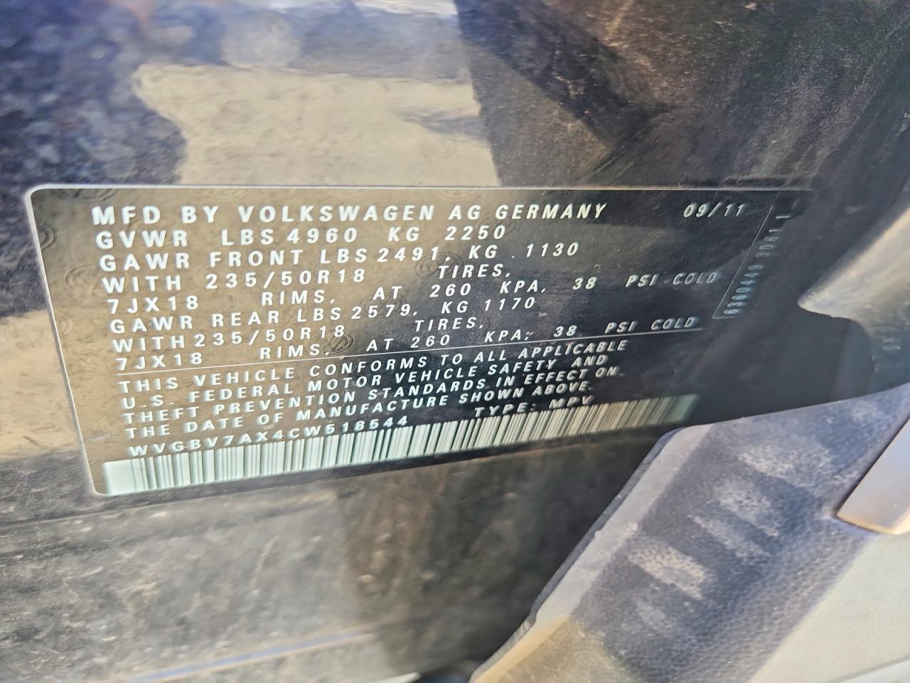 2012 Volkswagen Tiguan Черный vin: WVGBV7AX4CW518544