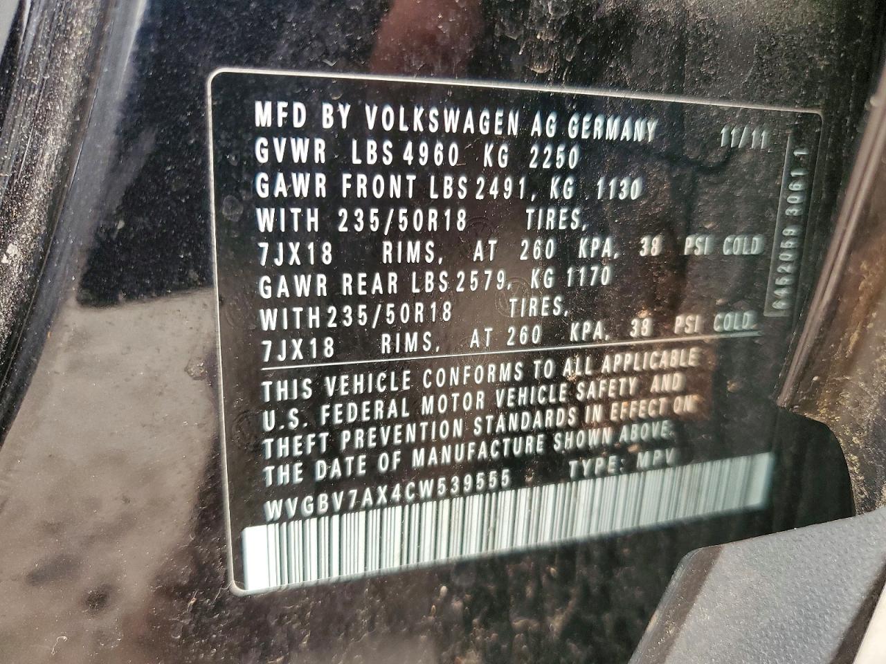 2012 Volkswagen Tiguan S Black vin: WVGBV7AX4CW539555