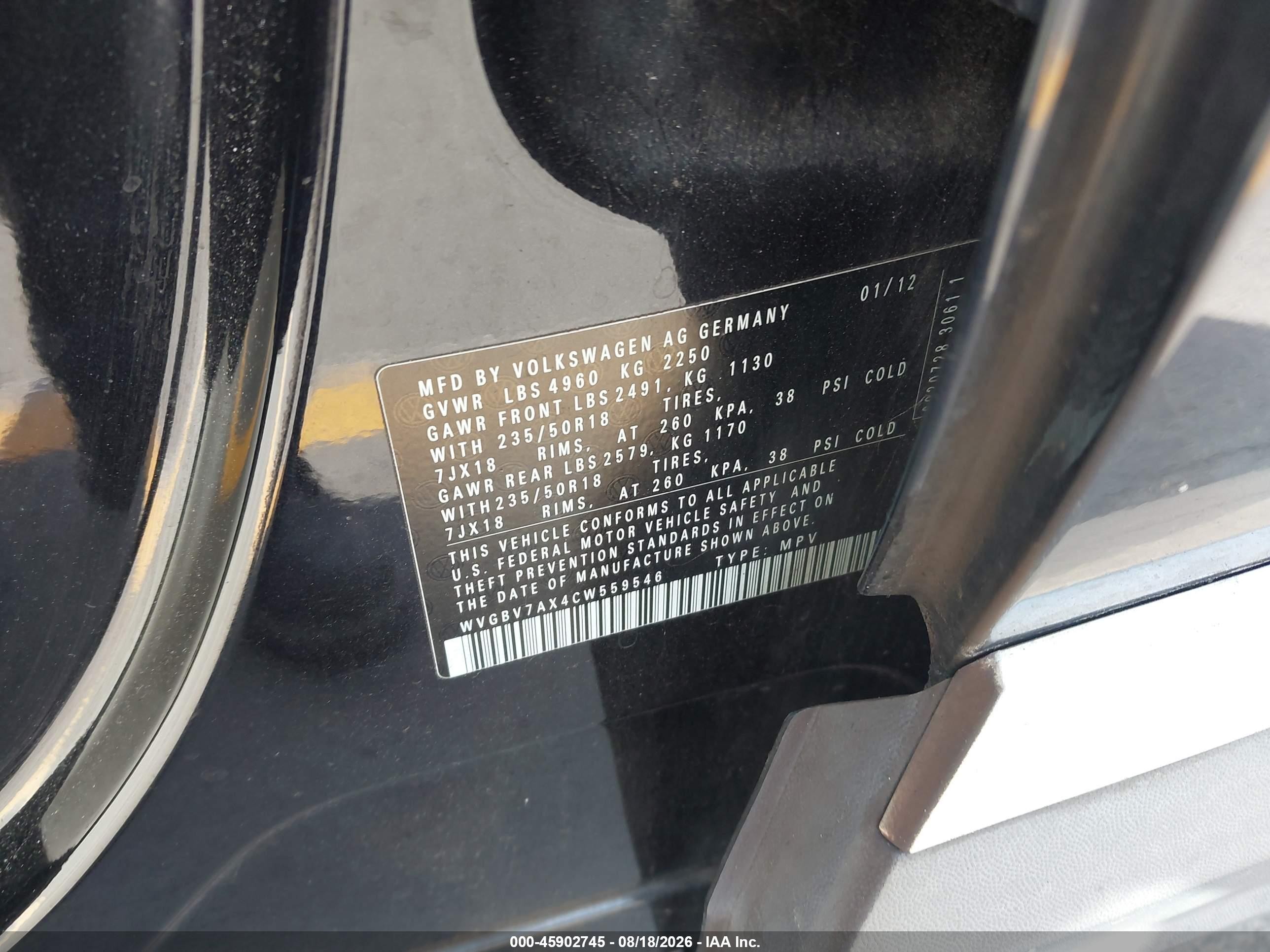 2012 Volkswagen Tiguan Se Black vin: WVGBV7AX4CW559546
