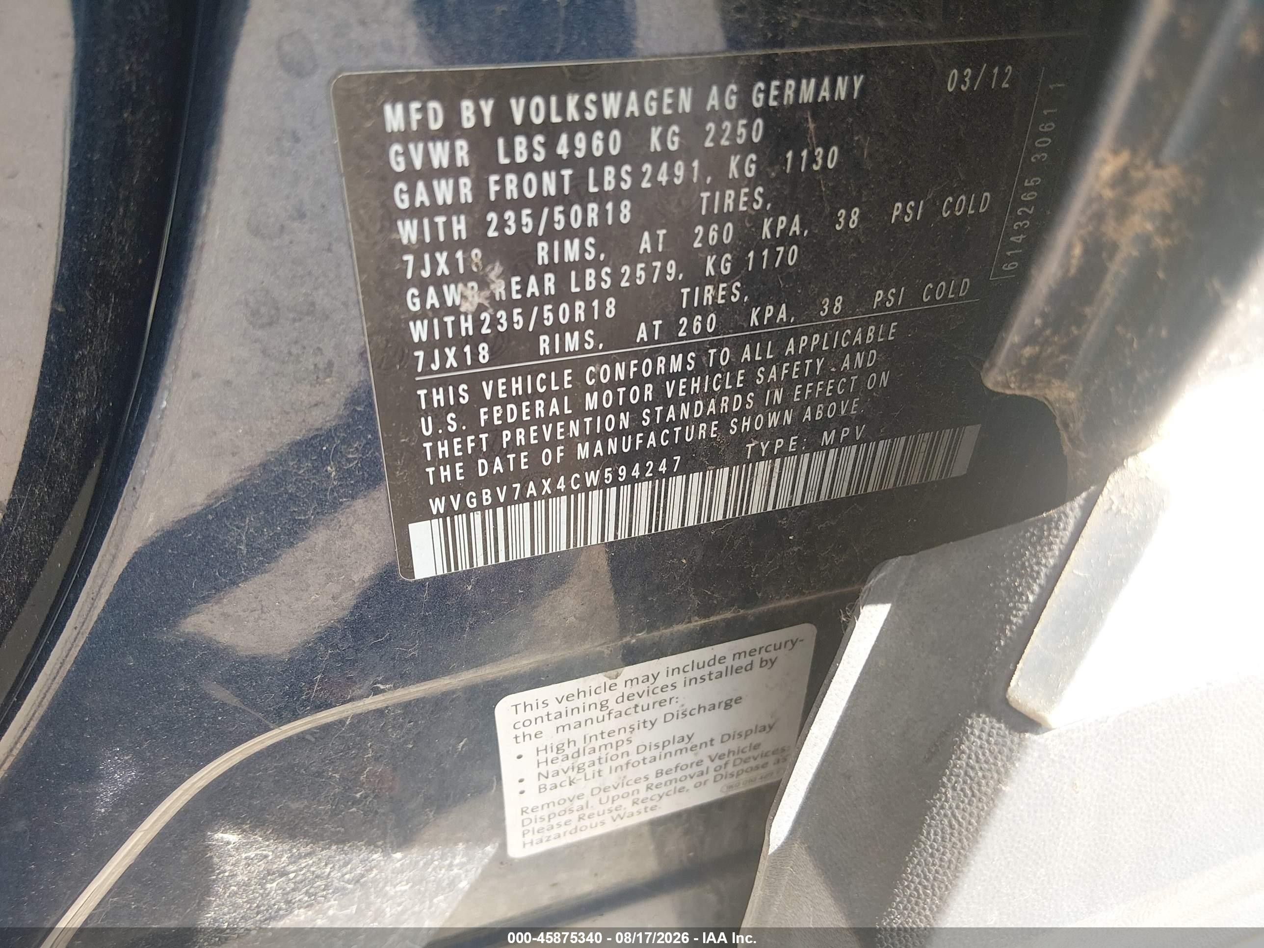 2012 Volkswagen Tiguan Se Blue vin: WVGBV7AX4CW594247