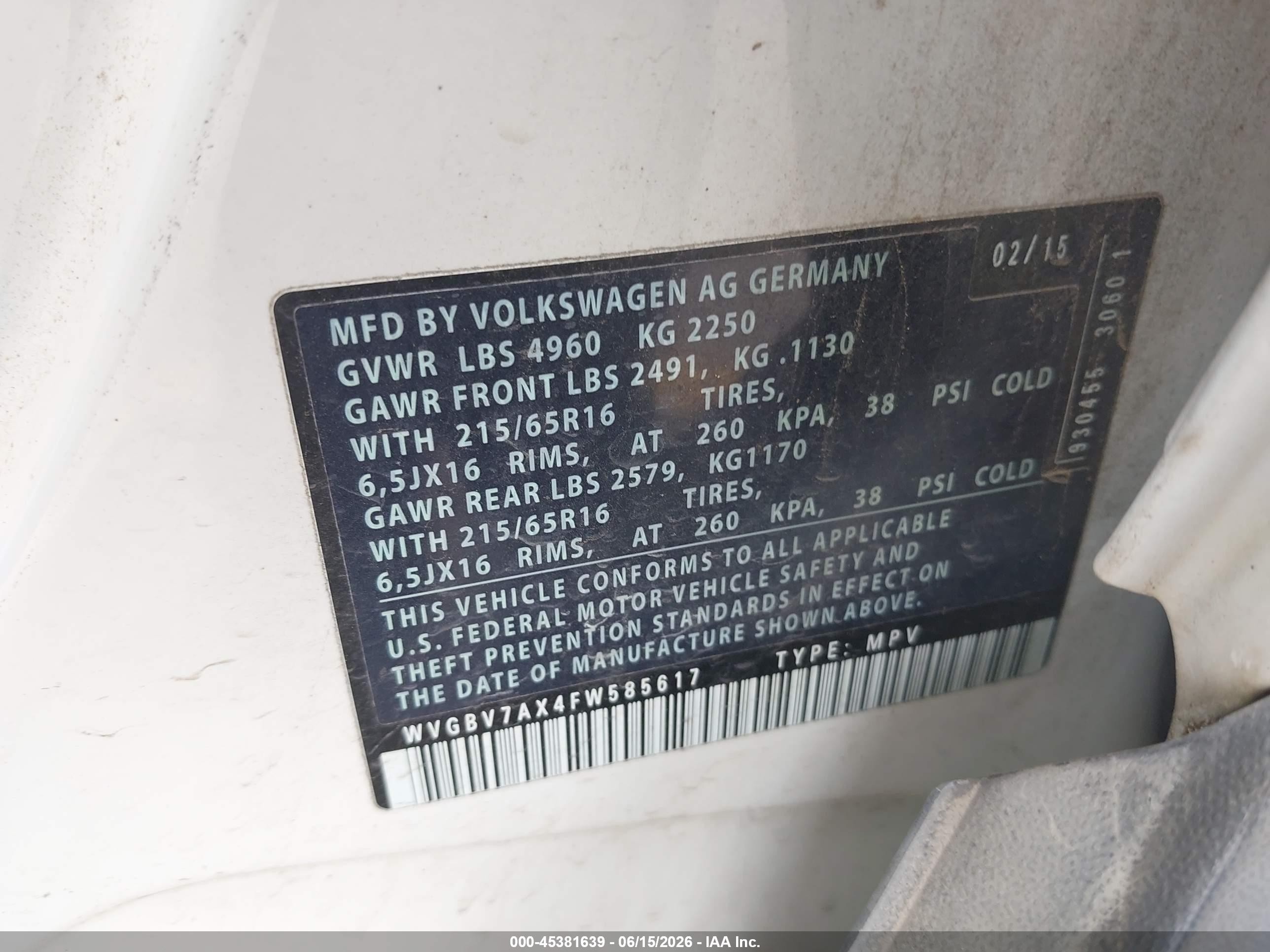 2015 Volkswagen Tiguan S Белый vin: WVGBV7AX4FW585617