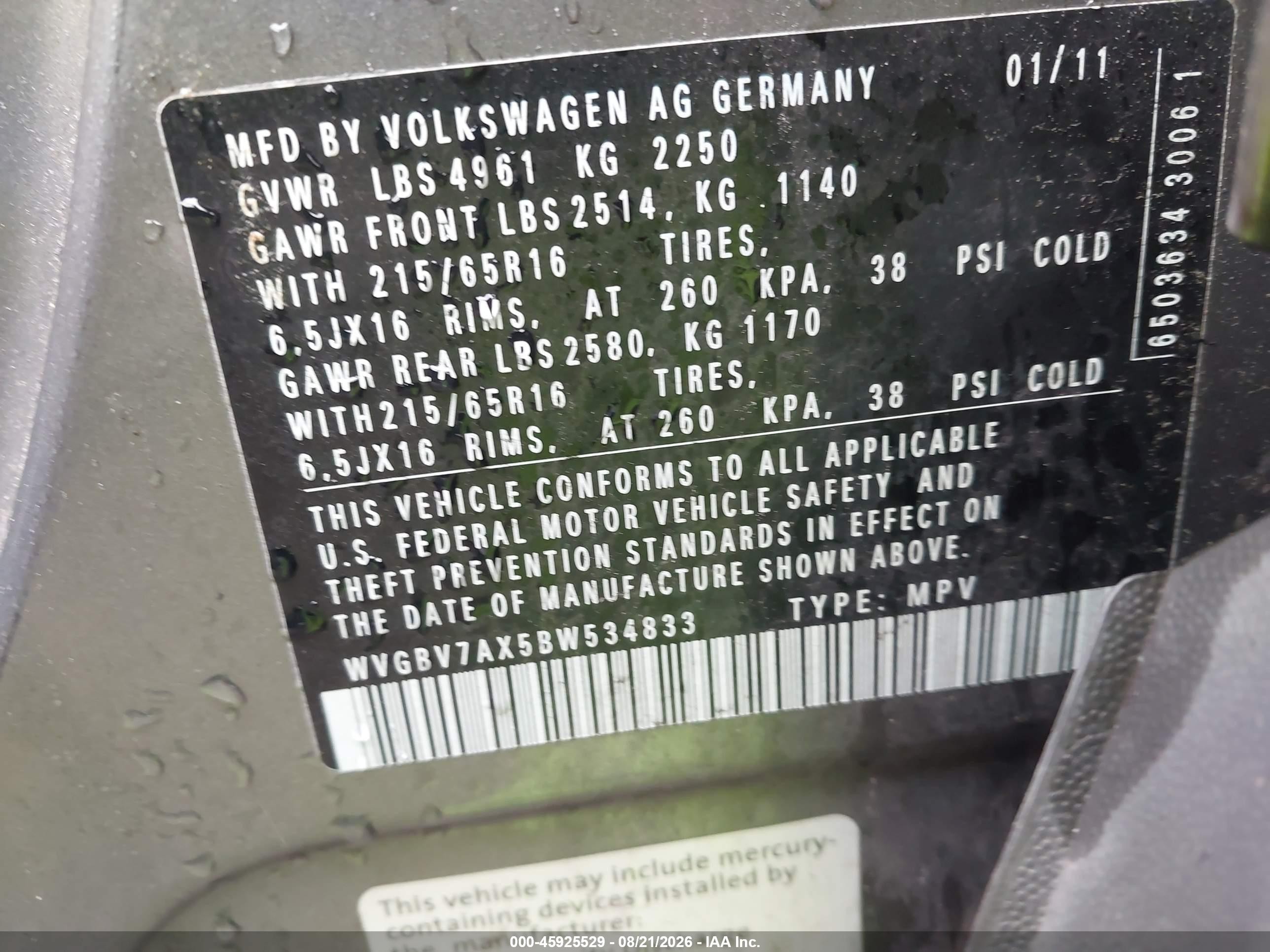 2011 Volkswagen Tiguan S Beige vin: WVGBV7AX5BW534833