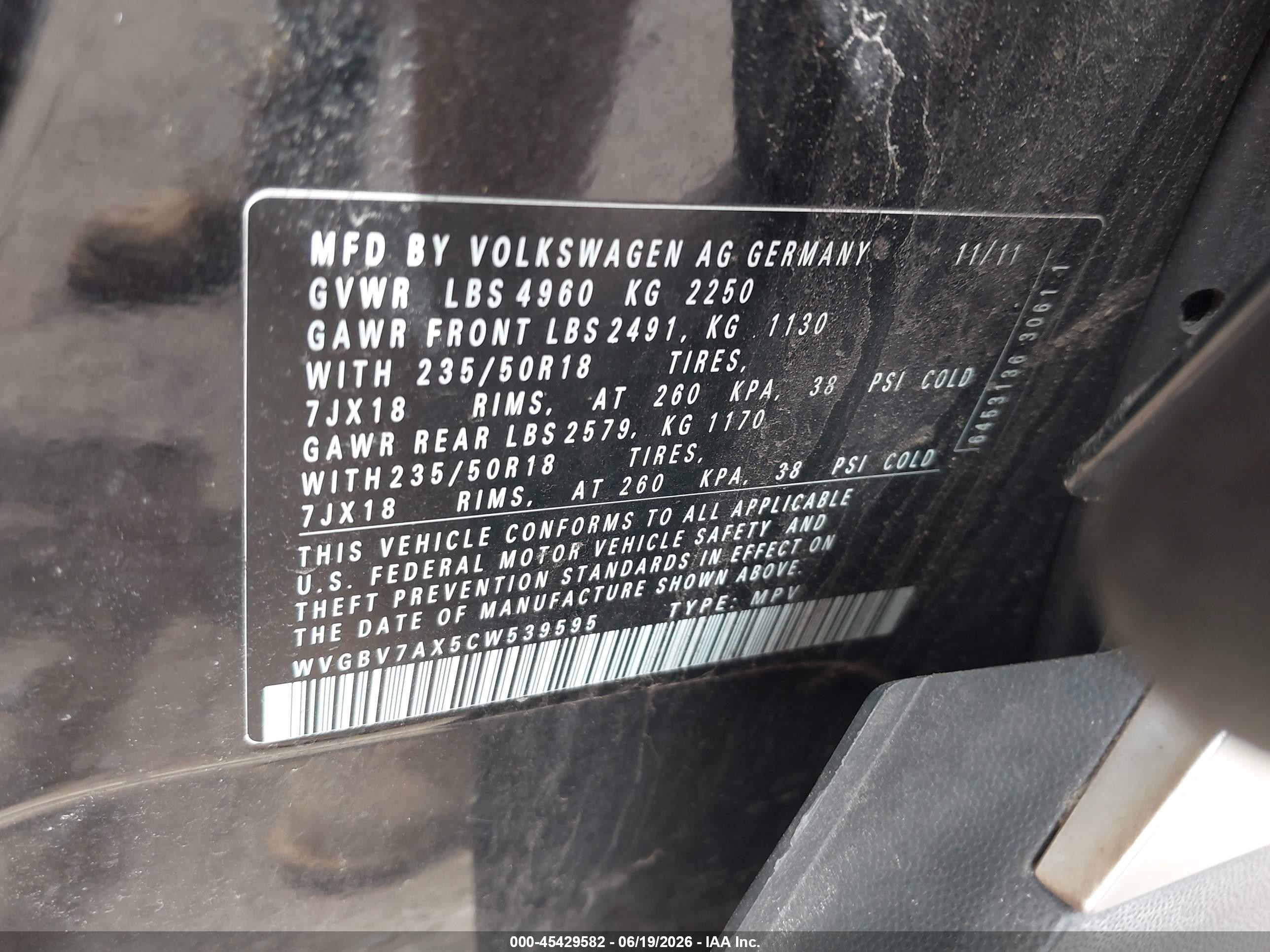 2012 Volkswagen Tiguan Se Black vin: WVGBV7AX5CW539595