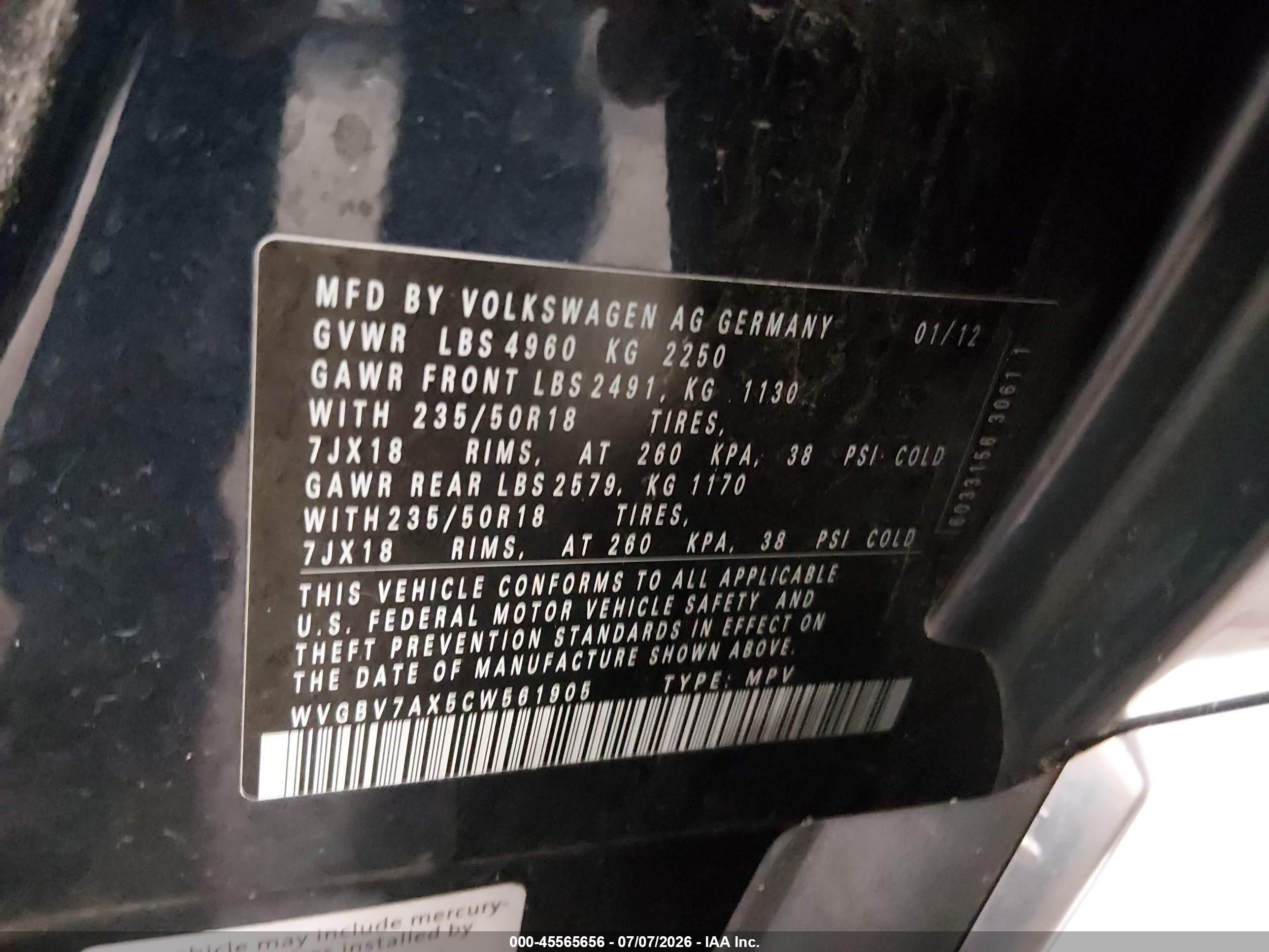 2012 Volkswagen Tiguan Se Dark Blue vin: WVGBV7AX5CW561905