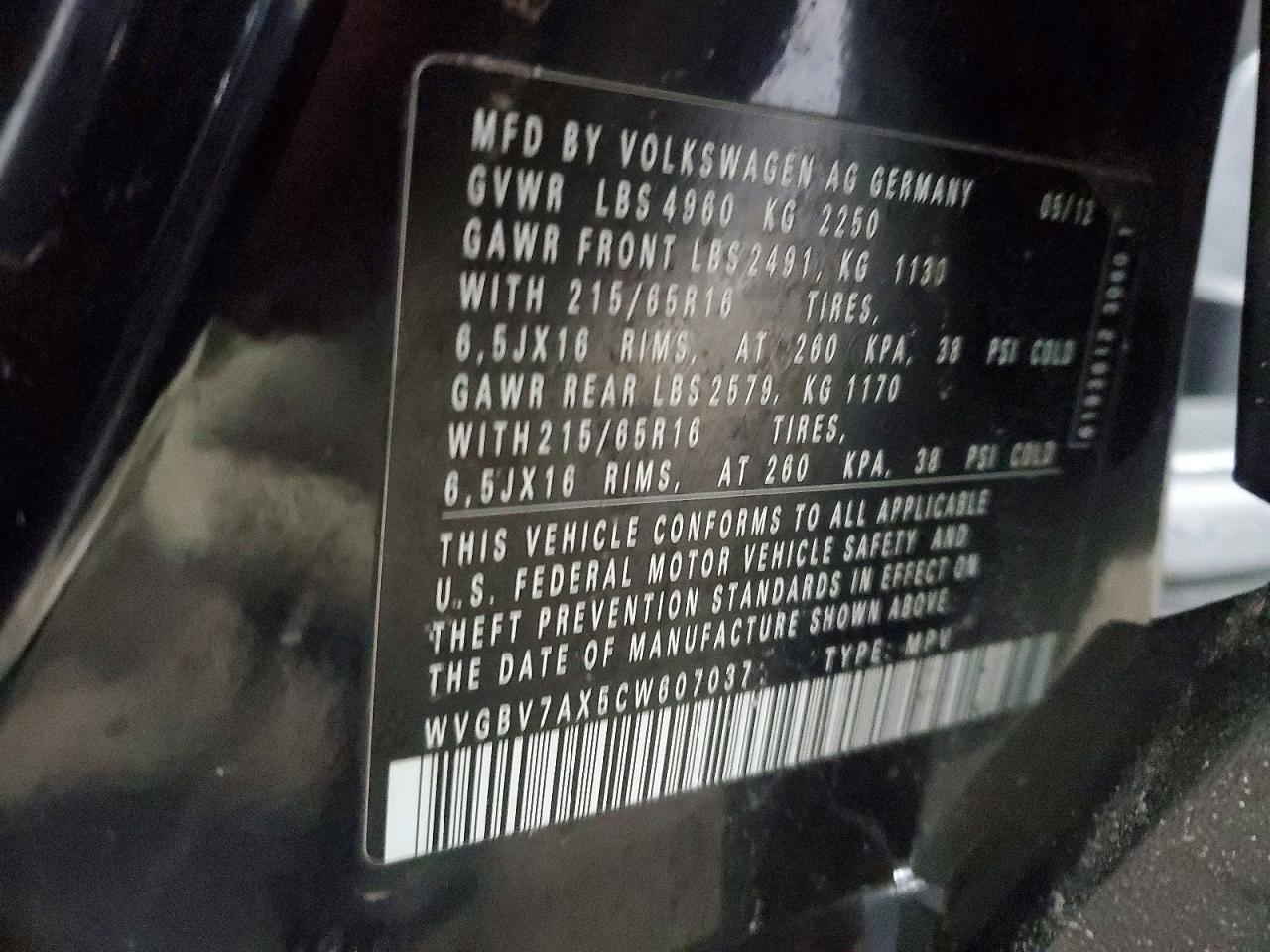 2012 Volkswagen Tiguan S/se/sel Black vin: WVGBV7AX5CW607037