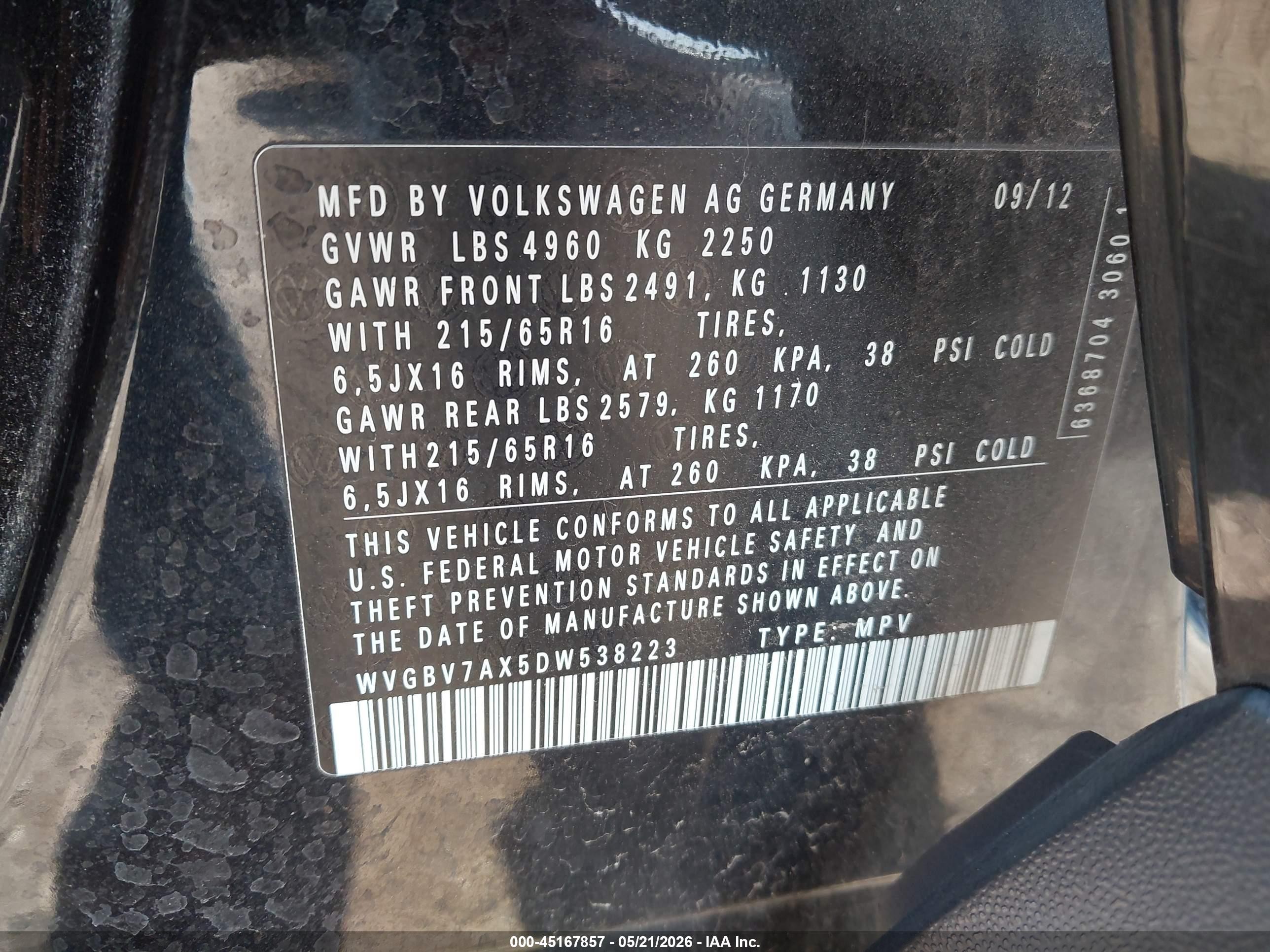 2013 Volkswagen Tiguan S Black vin: WVGBV7AX5DW538223