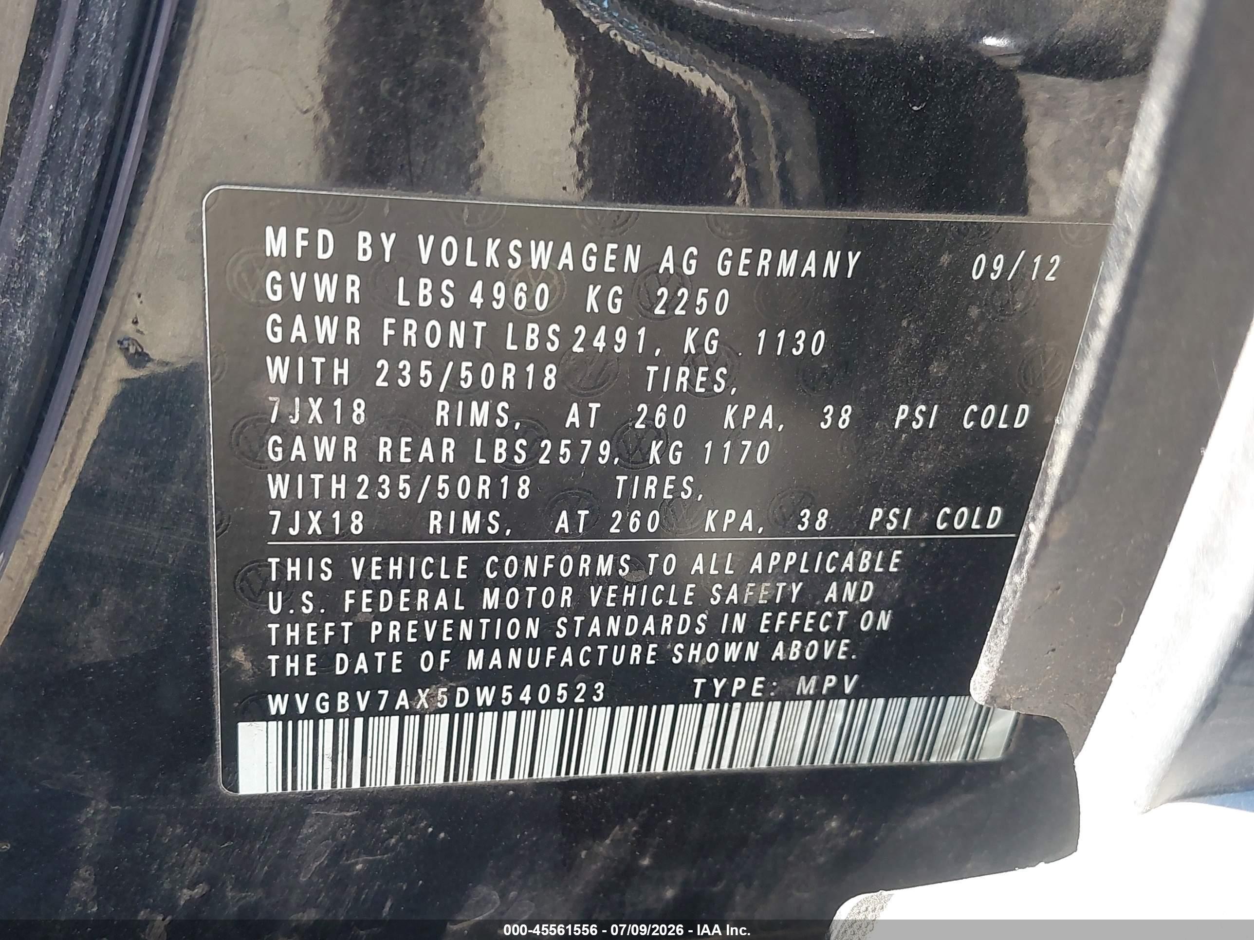 2013 Volkswagen Tiguan Se Черный vin: WVGBV7AX5DW540523