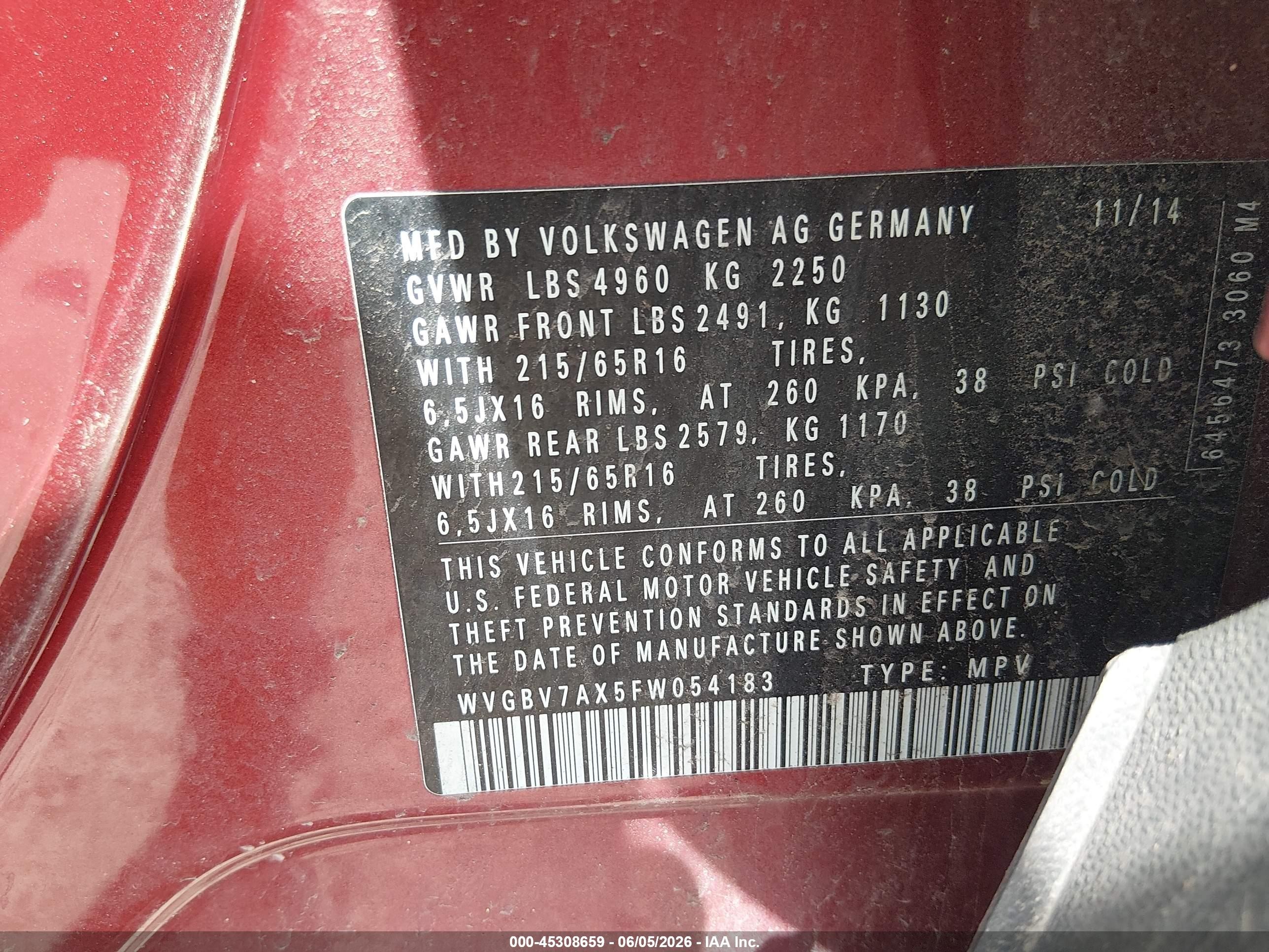 2015 Volkswagen Tiguan S Красный vin: WVGBV7AX5FW054183