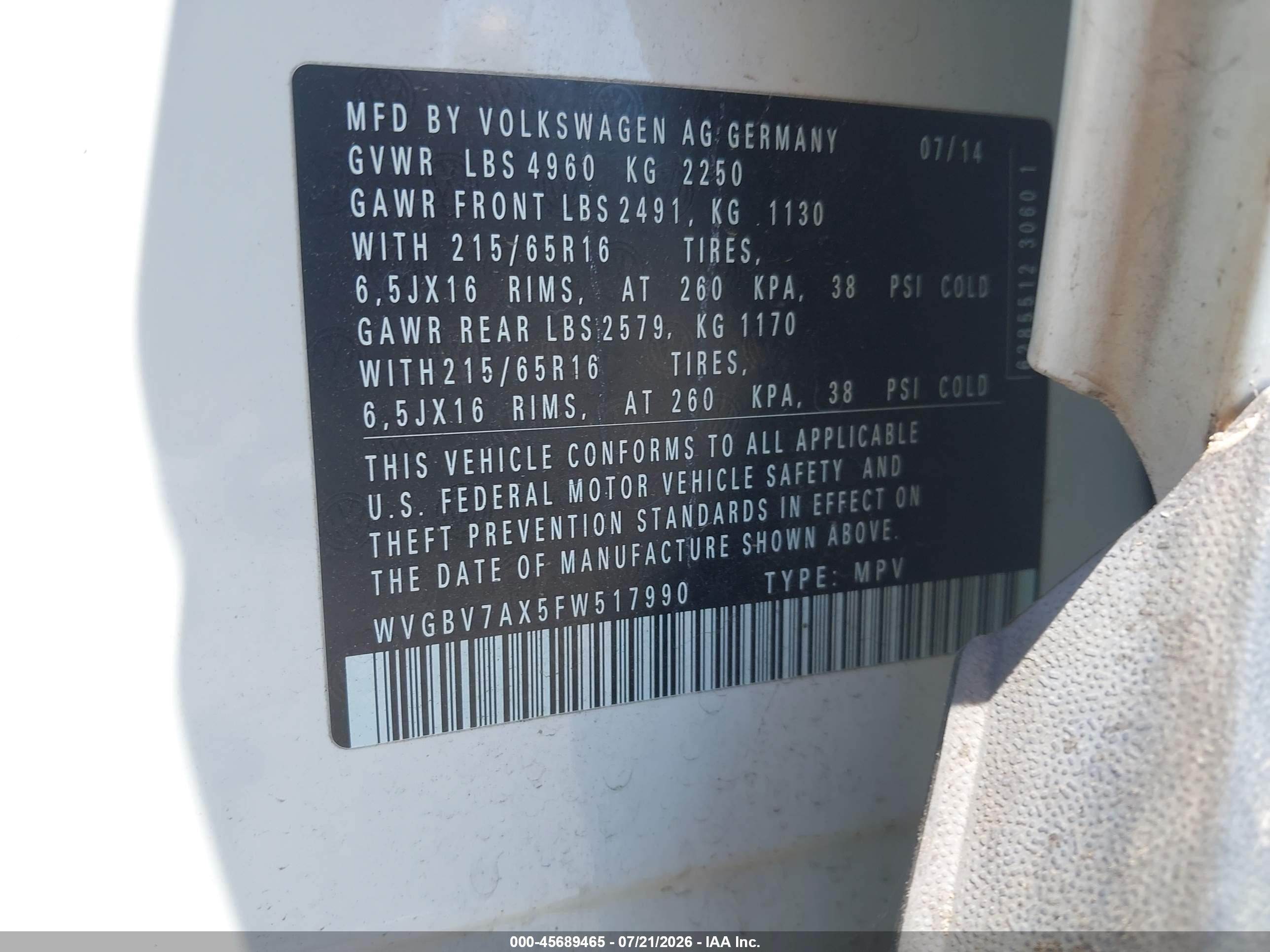 2015 Volkswagen Tiguan S White vin: WVGBV7AX5FW517990