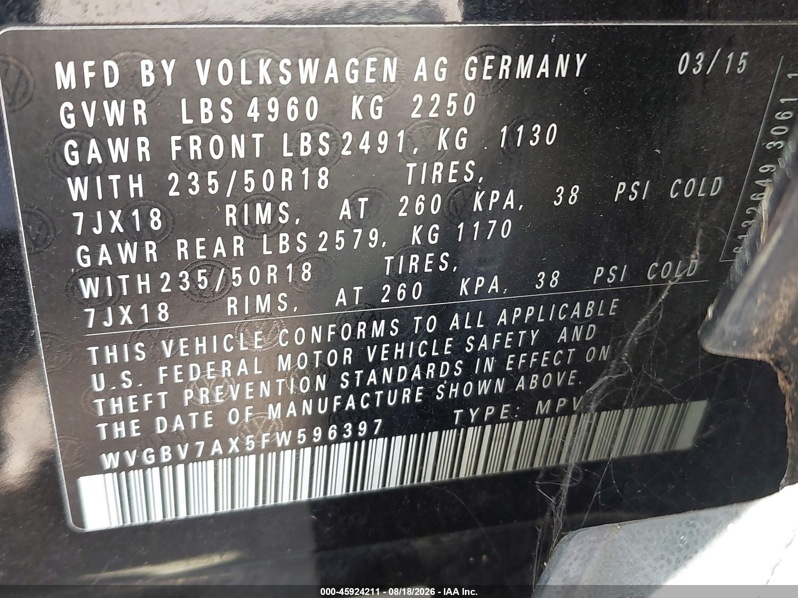 2015 Volkswagen Tiguan Sel Black vin: WVGBV7AX5FW596397