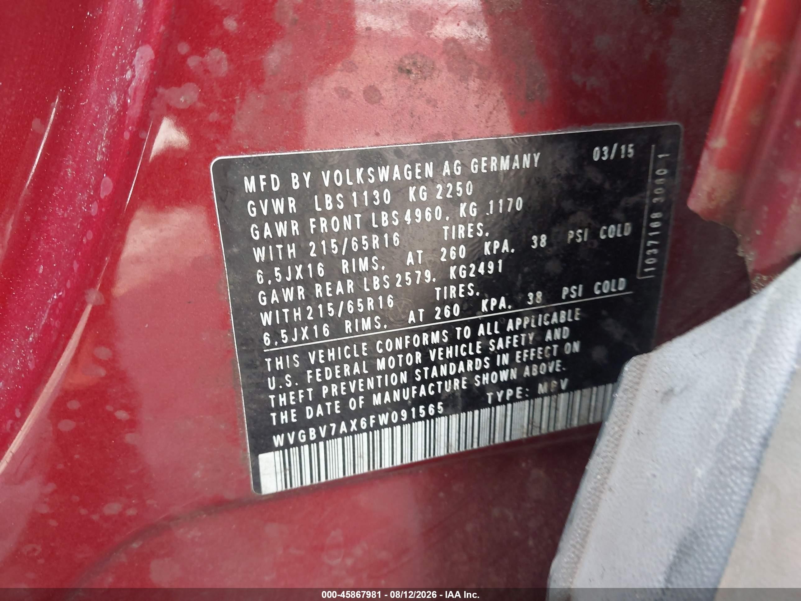 2015 Volkswagen Tiguan S Red vin: WVGBV7AX6FW091565