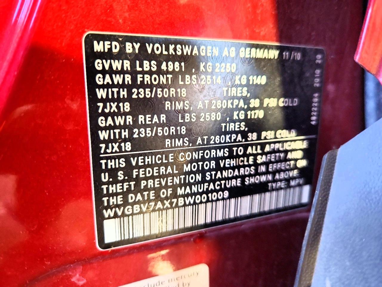2011 Volkswagen Tiguan S/se/sel Red vin: WVGBV7AX7BW001009