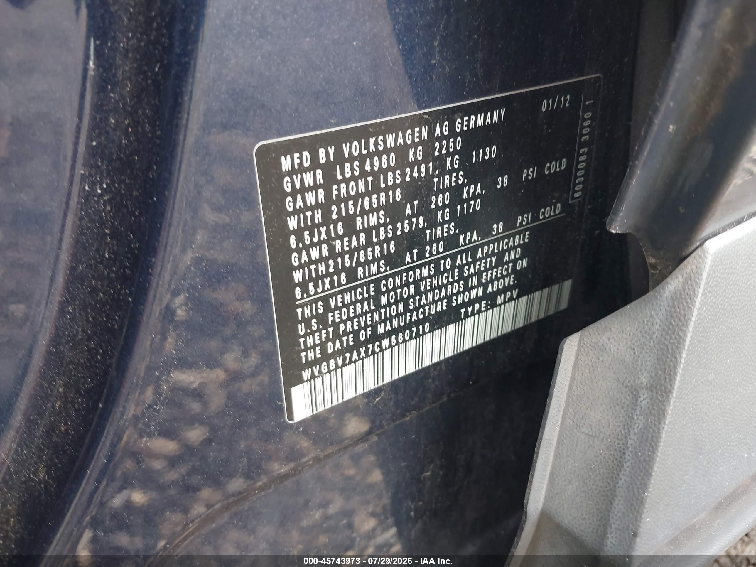 2012 Volkswagen Tiguan S Blue vin: WVGBV7AX7CW560710