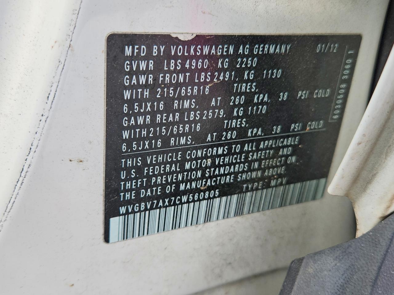 2012 Volkswagen Tiguan S White vin: WVGBV7AX7CW560805
