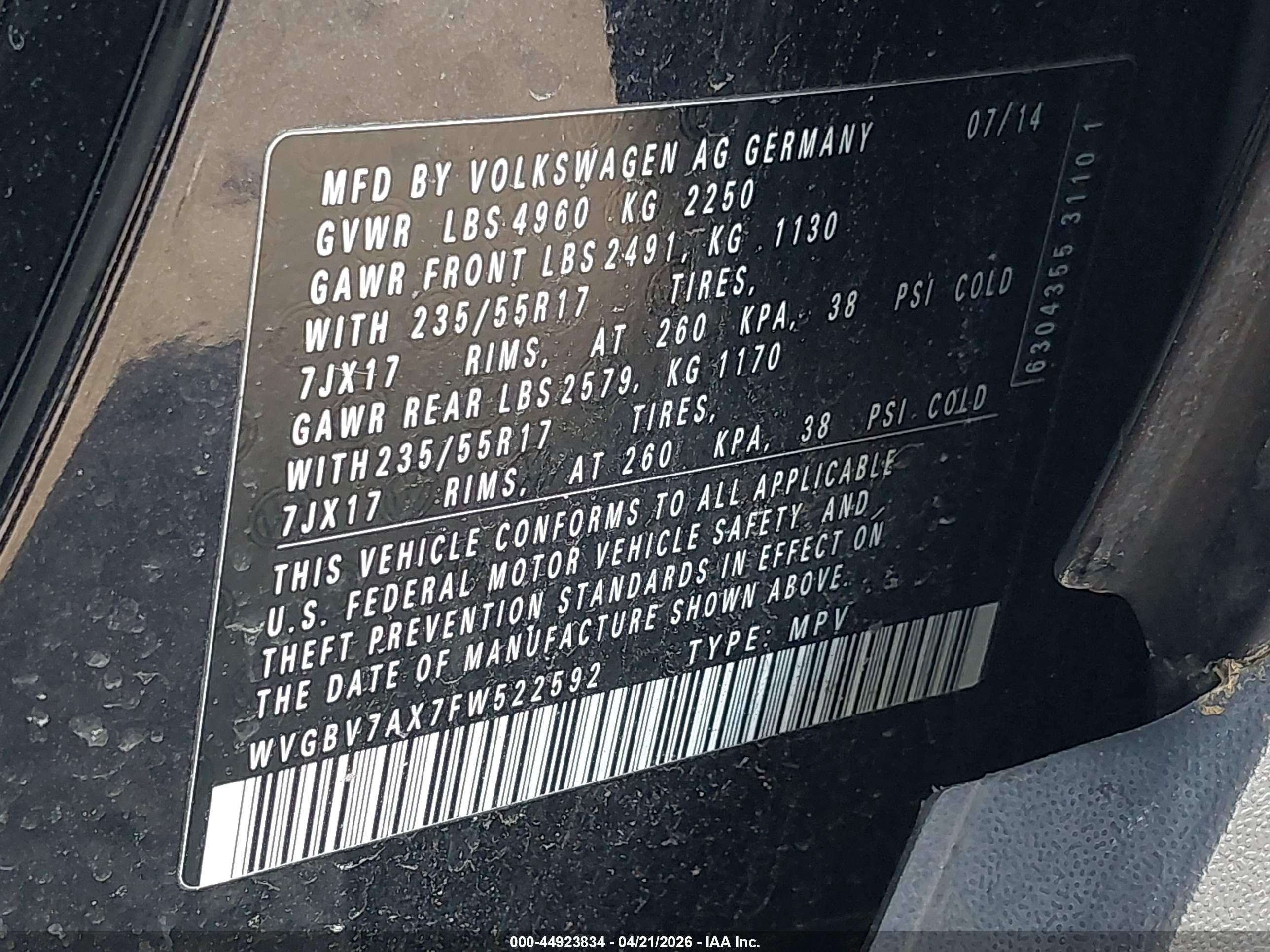 2015 Volkswagen Tiguan Se Black vin: WVGBV7AX7FW522592