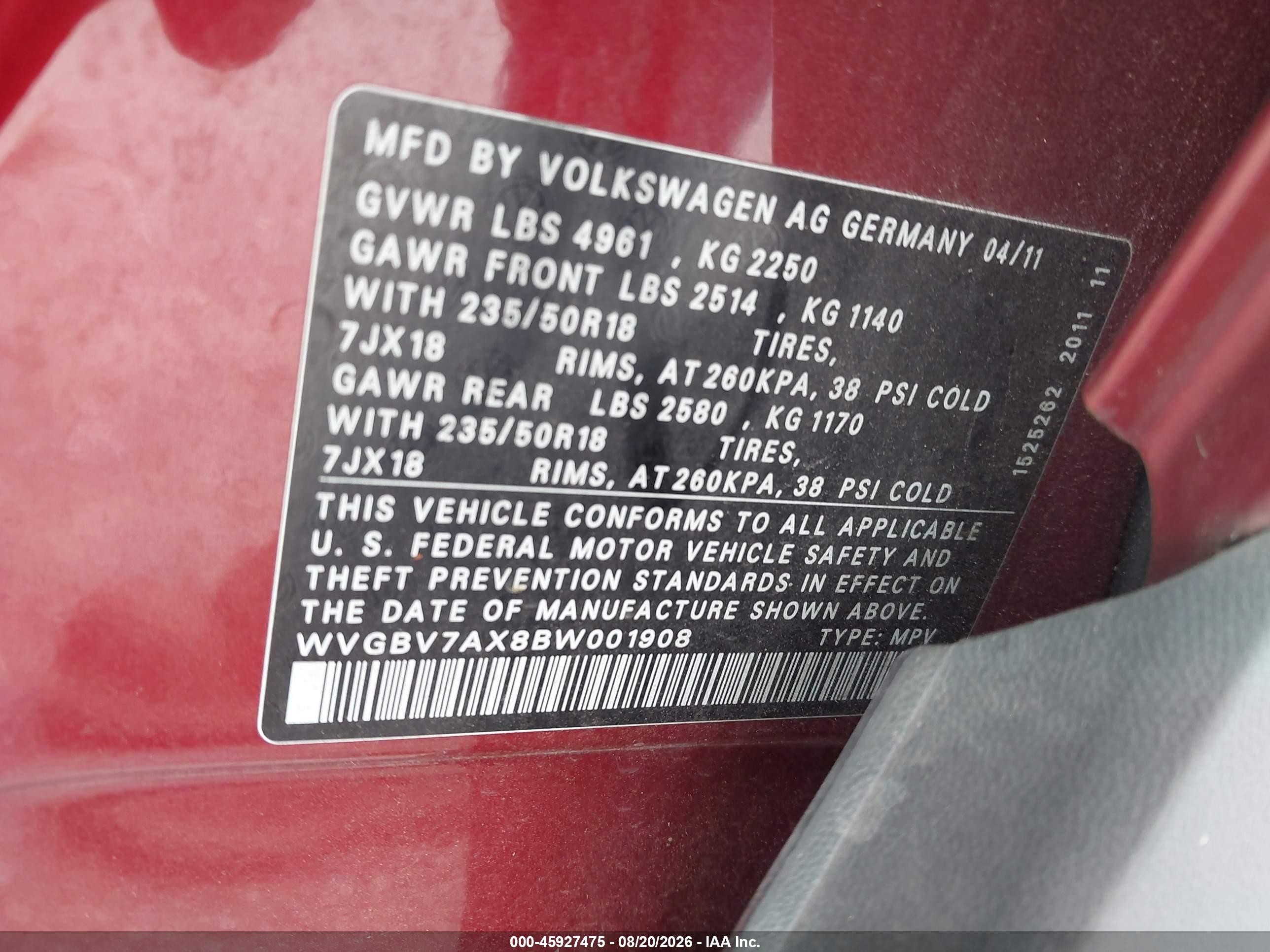2011 Volkswagen Tiguan Sel Red vin: WVGBV7AX8BW001908