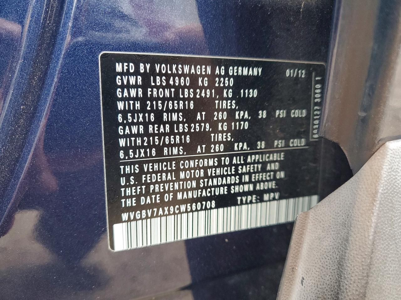 2012 Volkswagen Tiguan S Blue vin: WVGBV7AX9CW560708