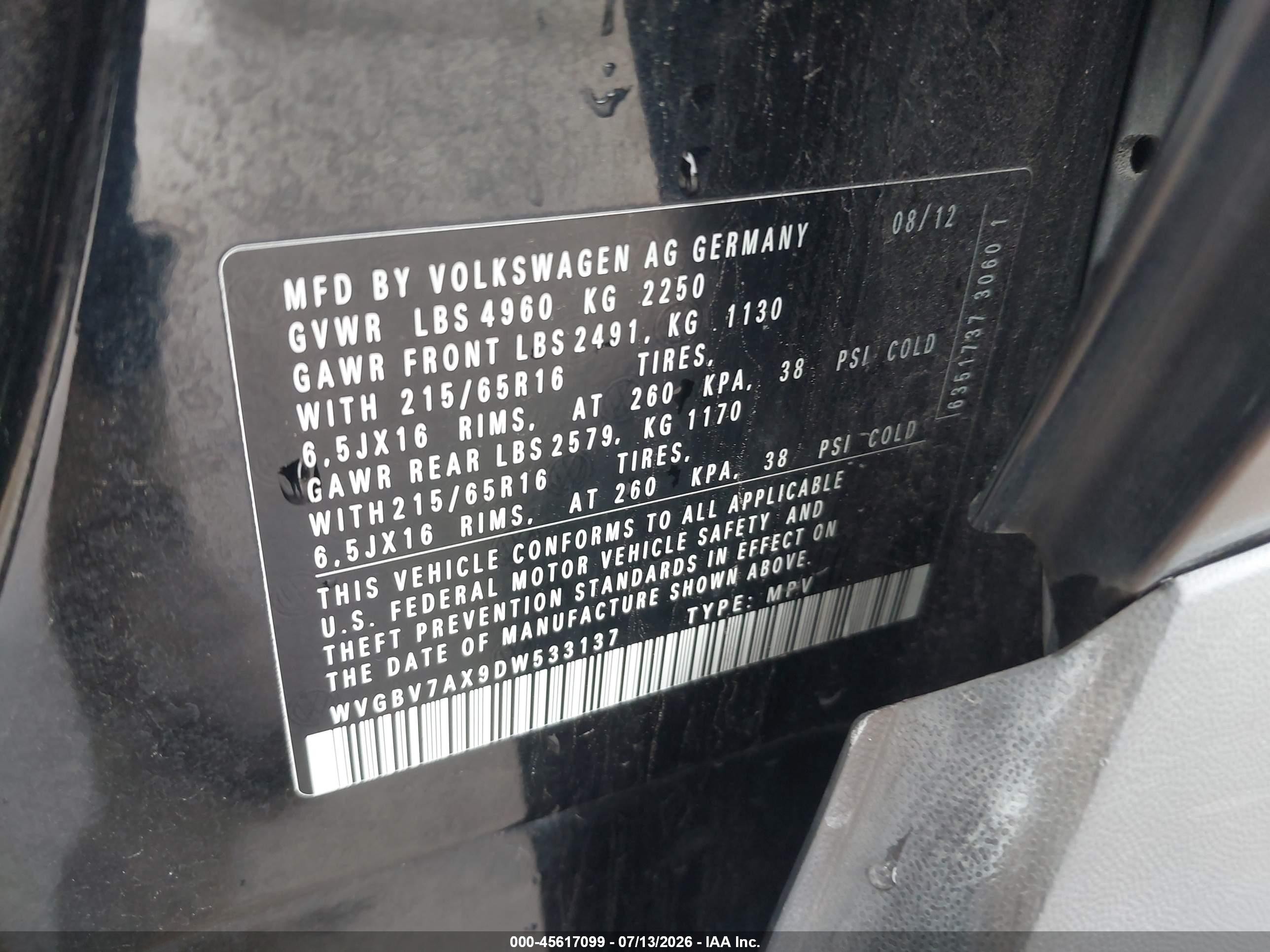 2013 Volkswagen Tiguan S Black vin: WVGBV7AX9DW533137