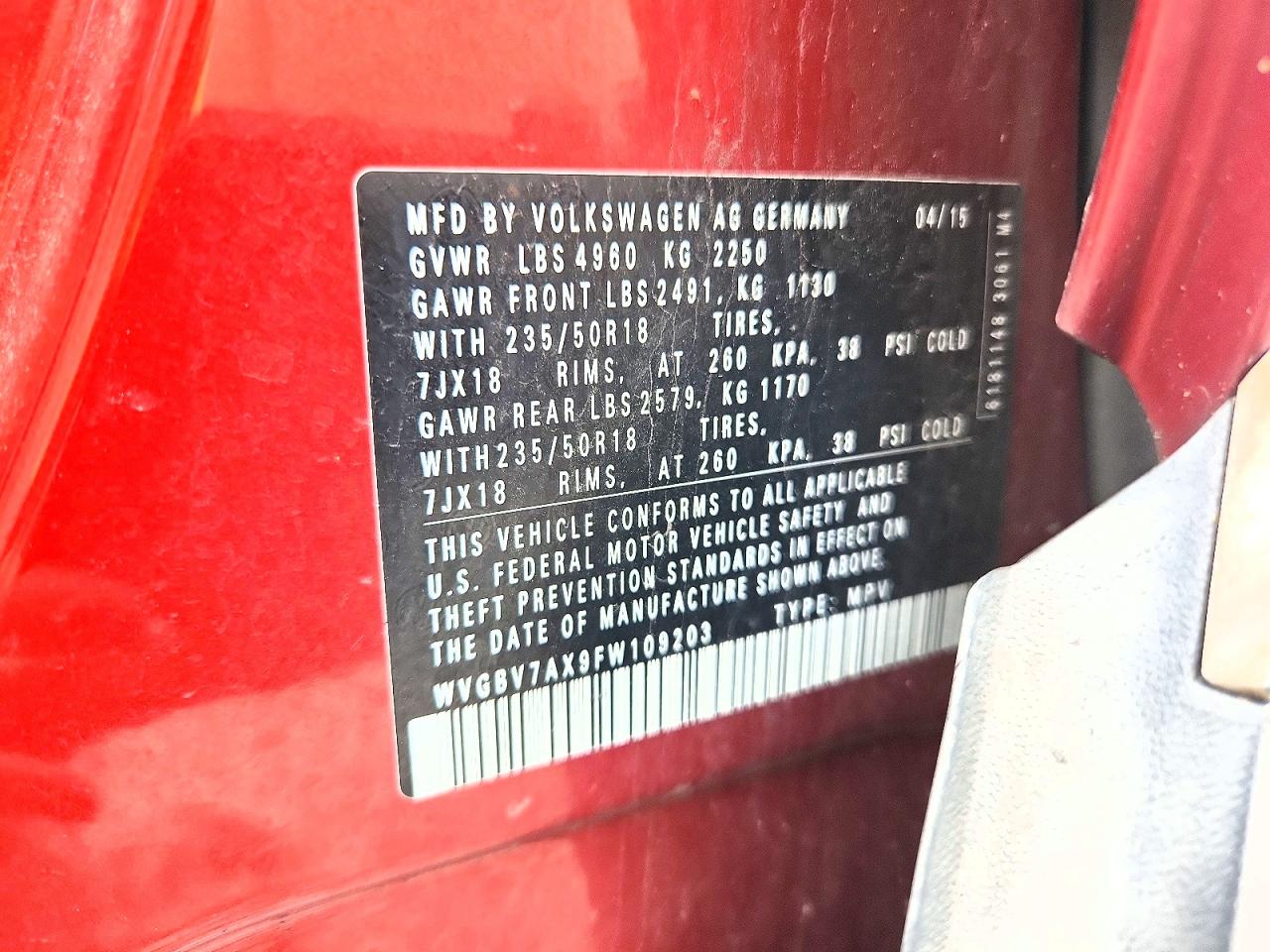 2015 Volkswagen Tiguan S Red vin: WVGBV7AX9FW109203