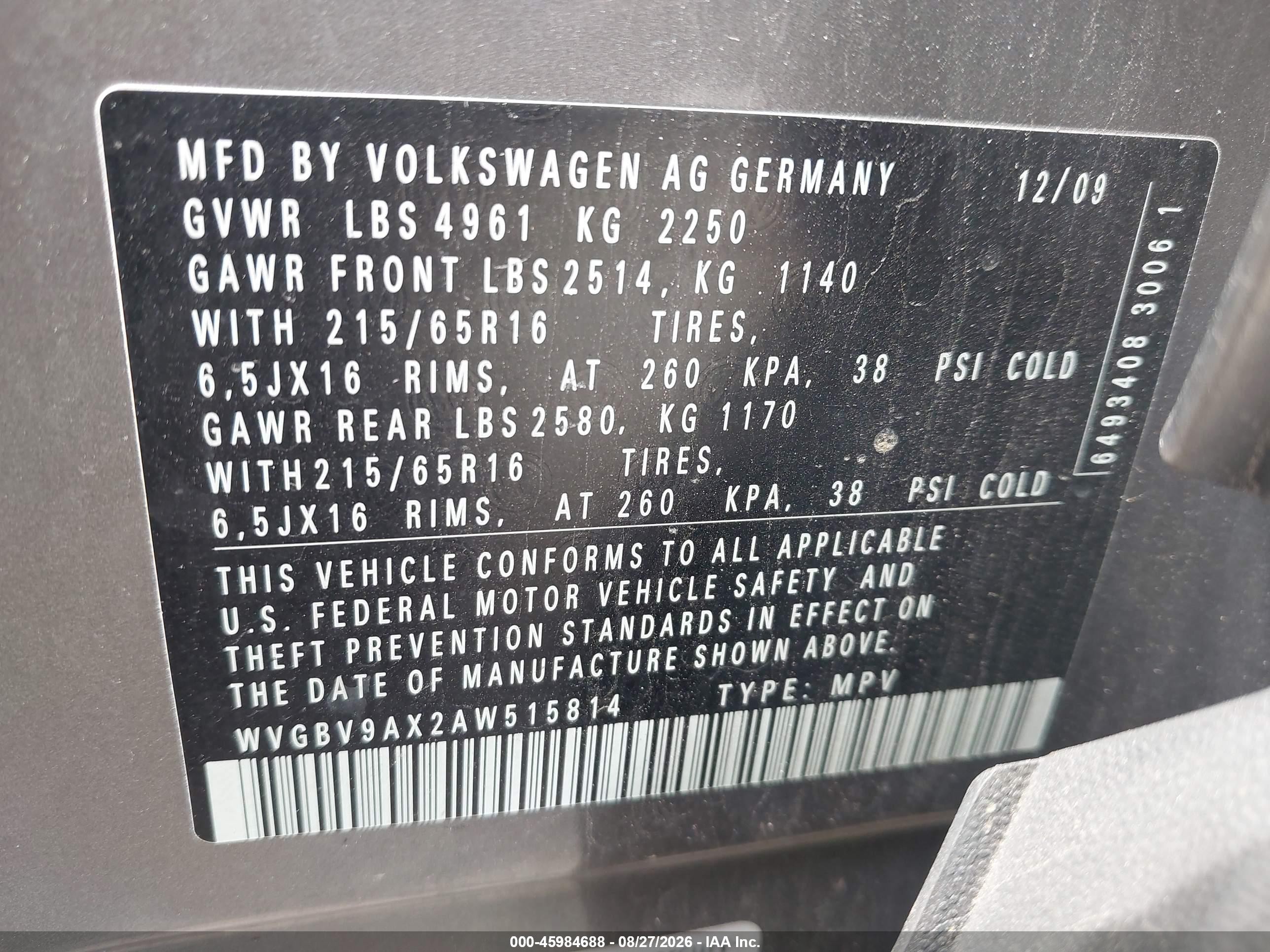 2010 Volkswagen Tiguan S Gray vin: WVGBV9AX2AW515814