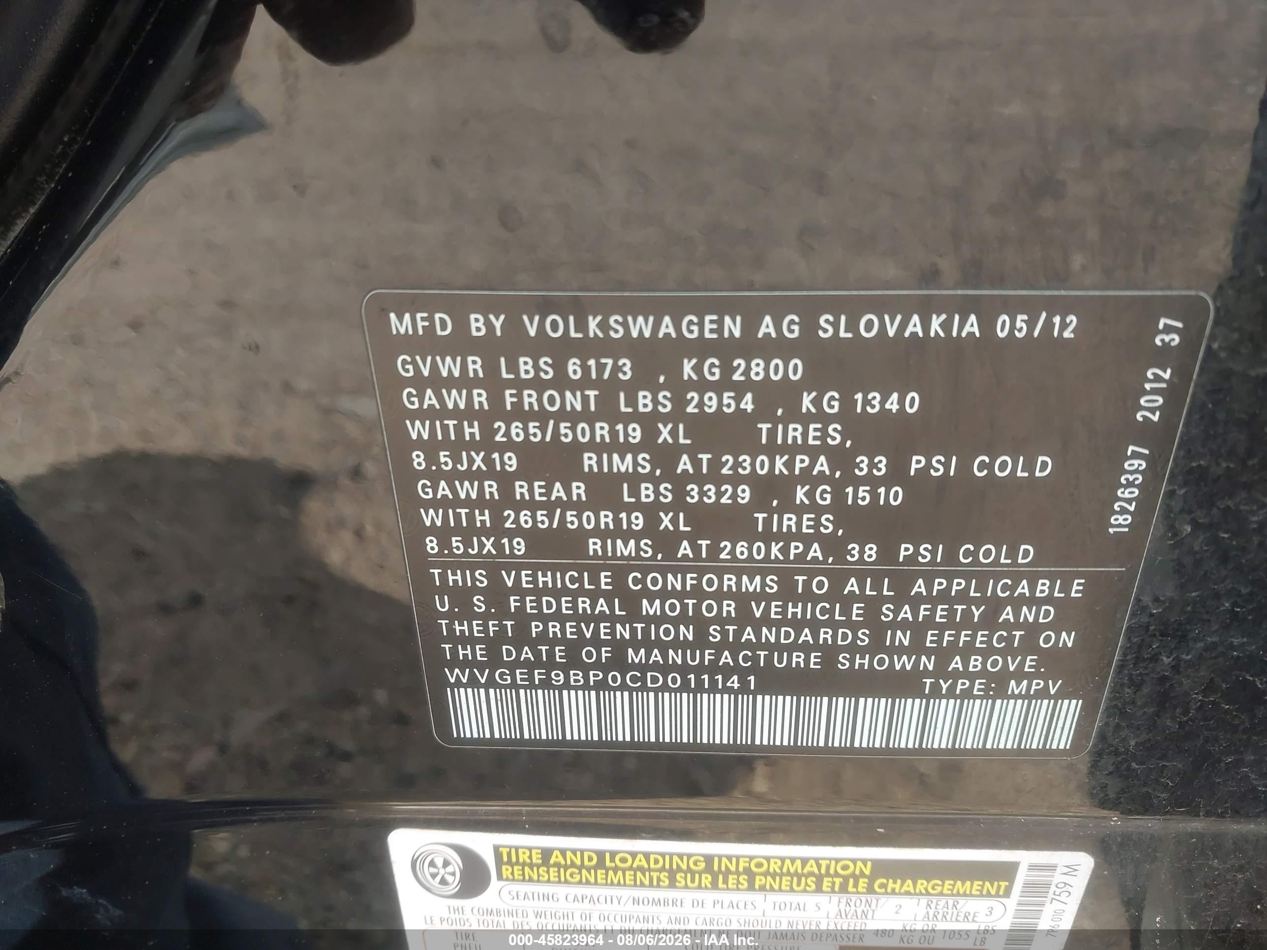 2012 Volkswagen Touareg Vr6 Lux Black vin: WVGEF9BP0CD011141