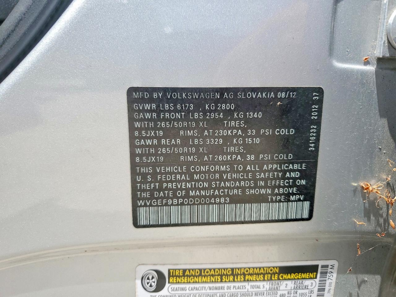 2013 Volkswagen Touareg V6 Silver vin: WVGEF9BP0DD004983