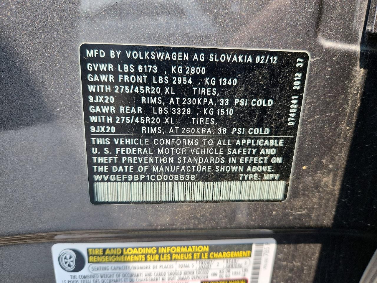 2012 Volkswagen Touareg V6 Gray vin: WVGEF9BP1CD008538