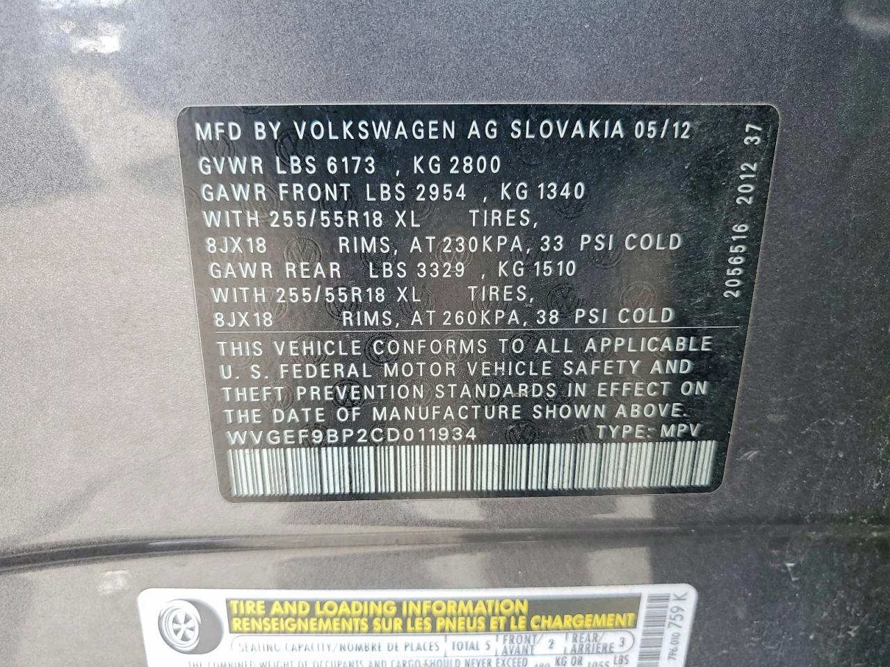 2012 Volkswagen Touareg V6 Gray vin: WVGEF9BP2CD011934