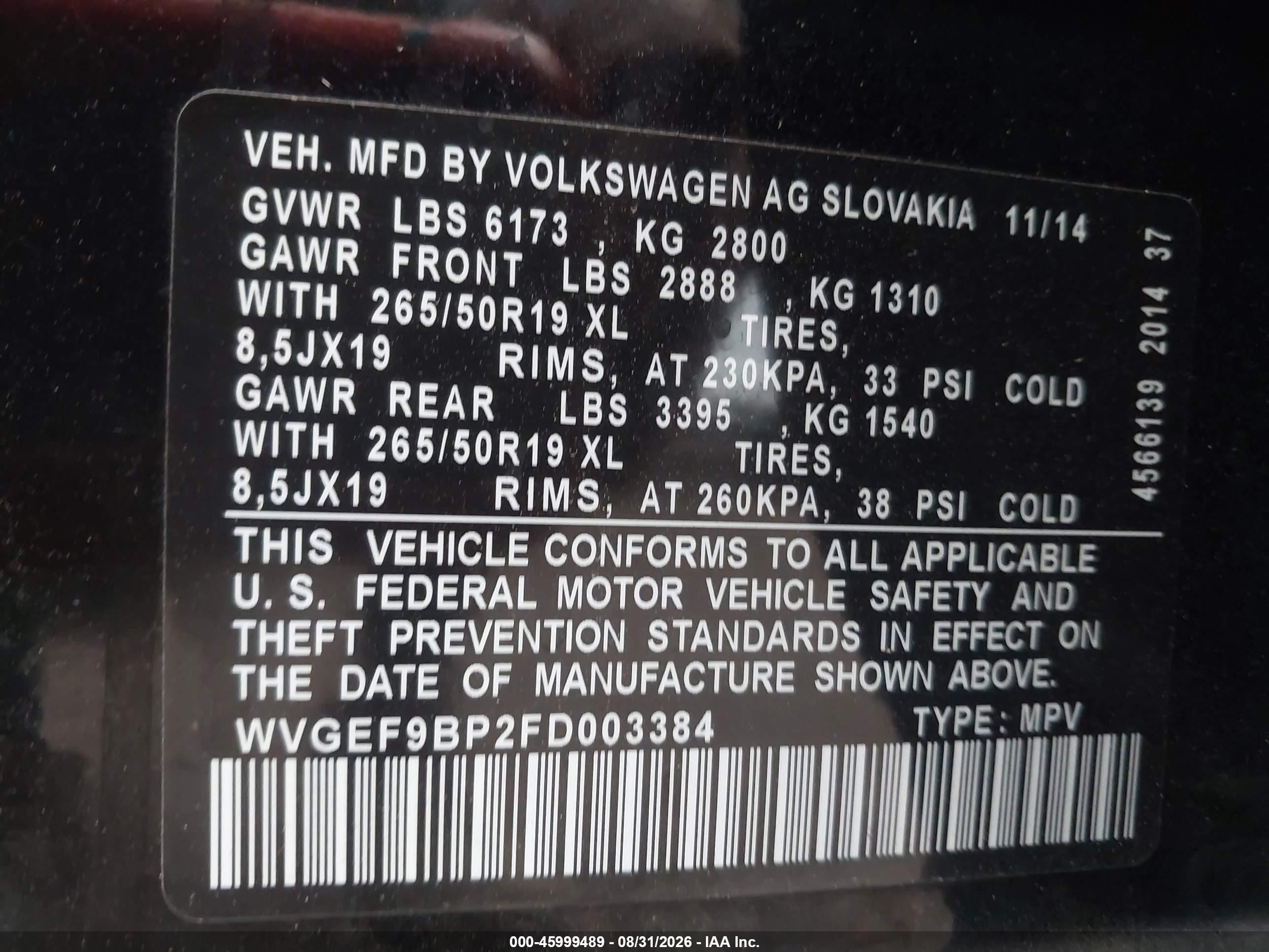 2015 Volkswagen Touareg V6 Lux Black vin: WVGEF9BP2FD003384
