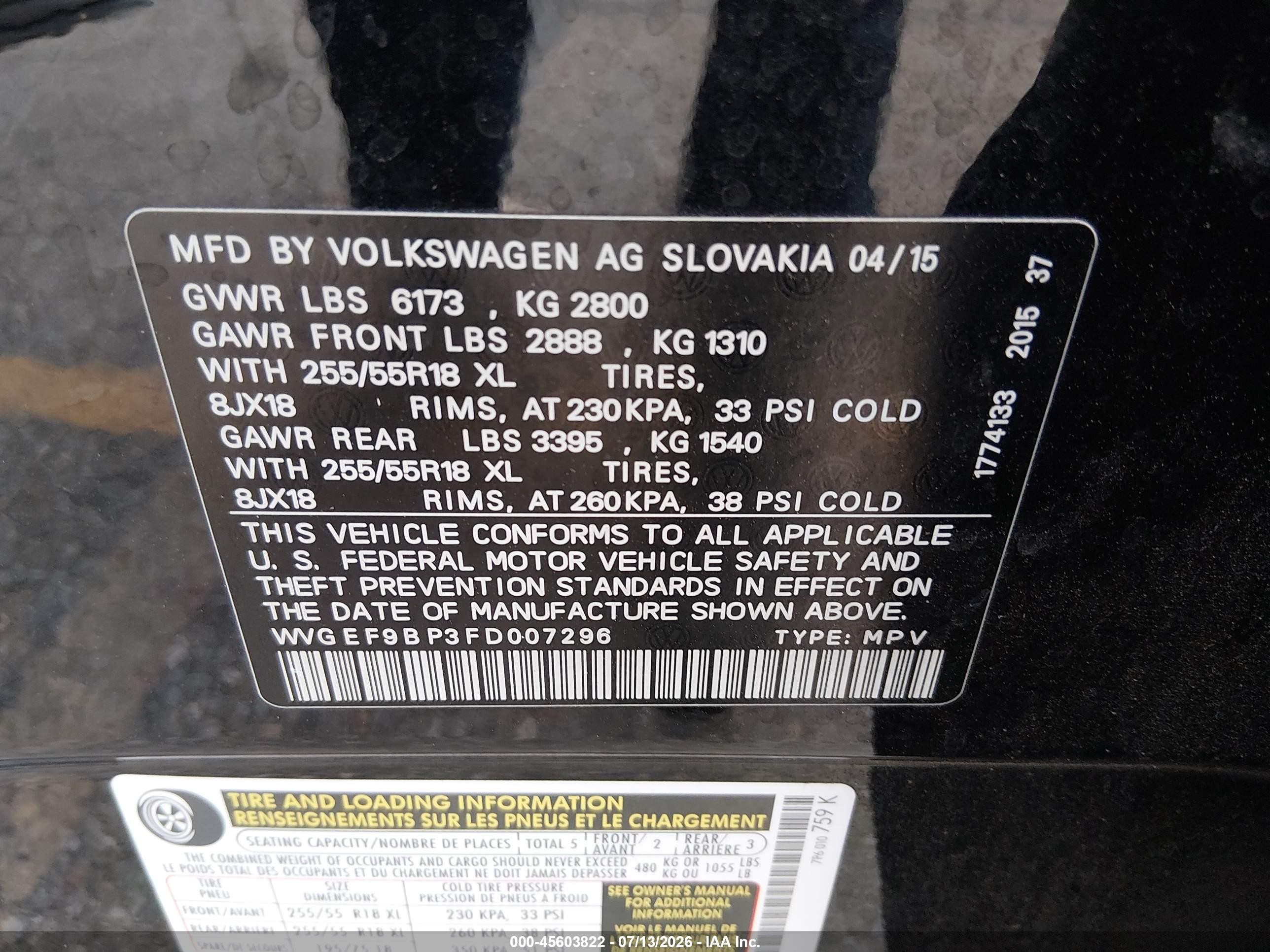2015 Volkswagen Touareg V6 Sport Black vin: WVGEF9BP3FD007296