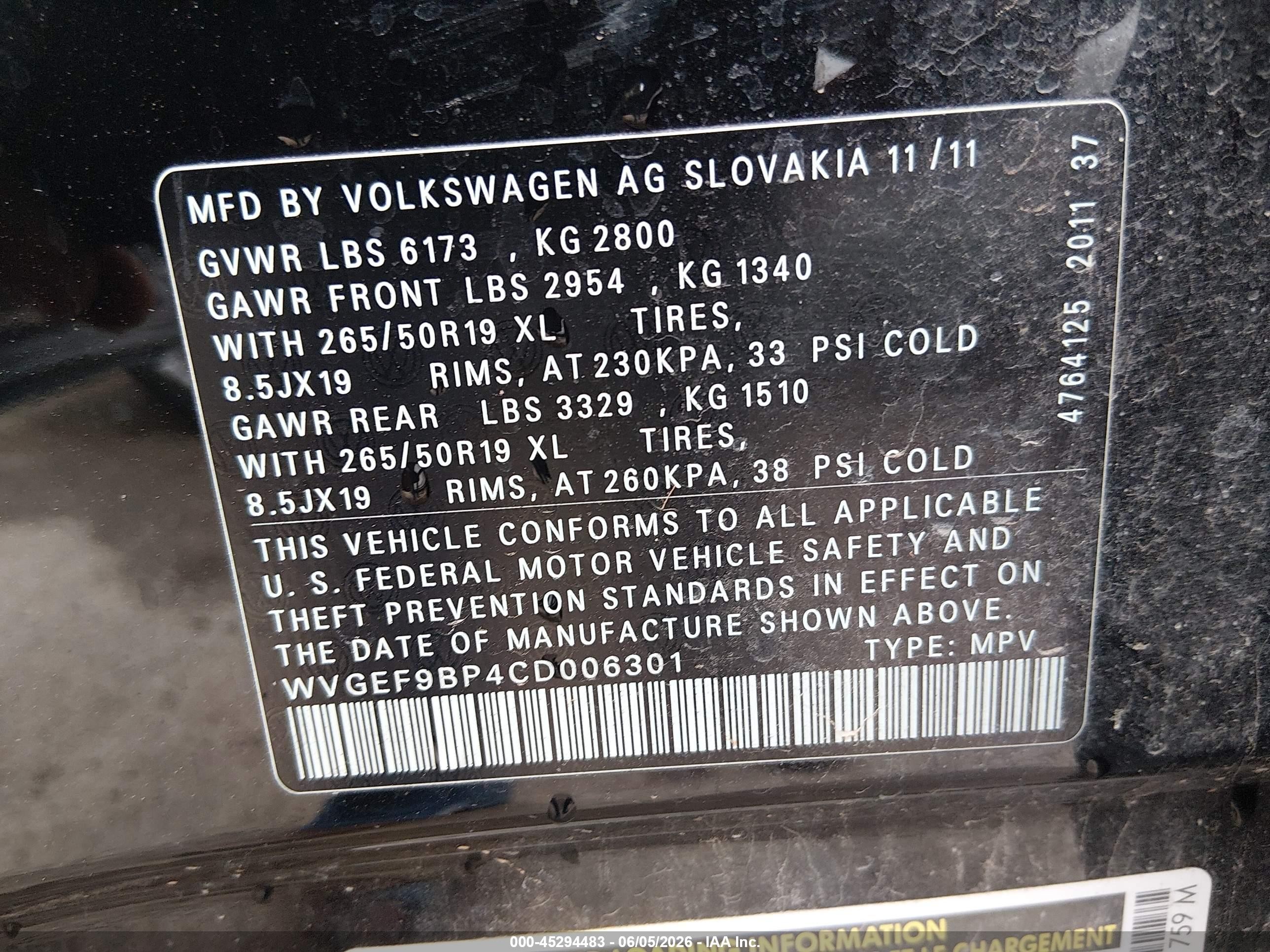 2012 Volkswagen Touareg Vr6 Lux Black vin: WVGEF9BP4CD006301