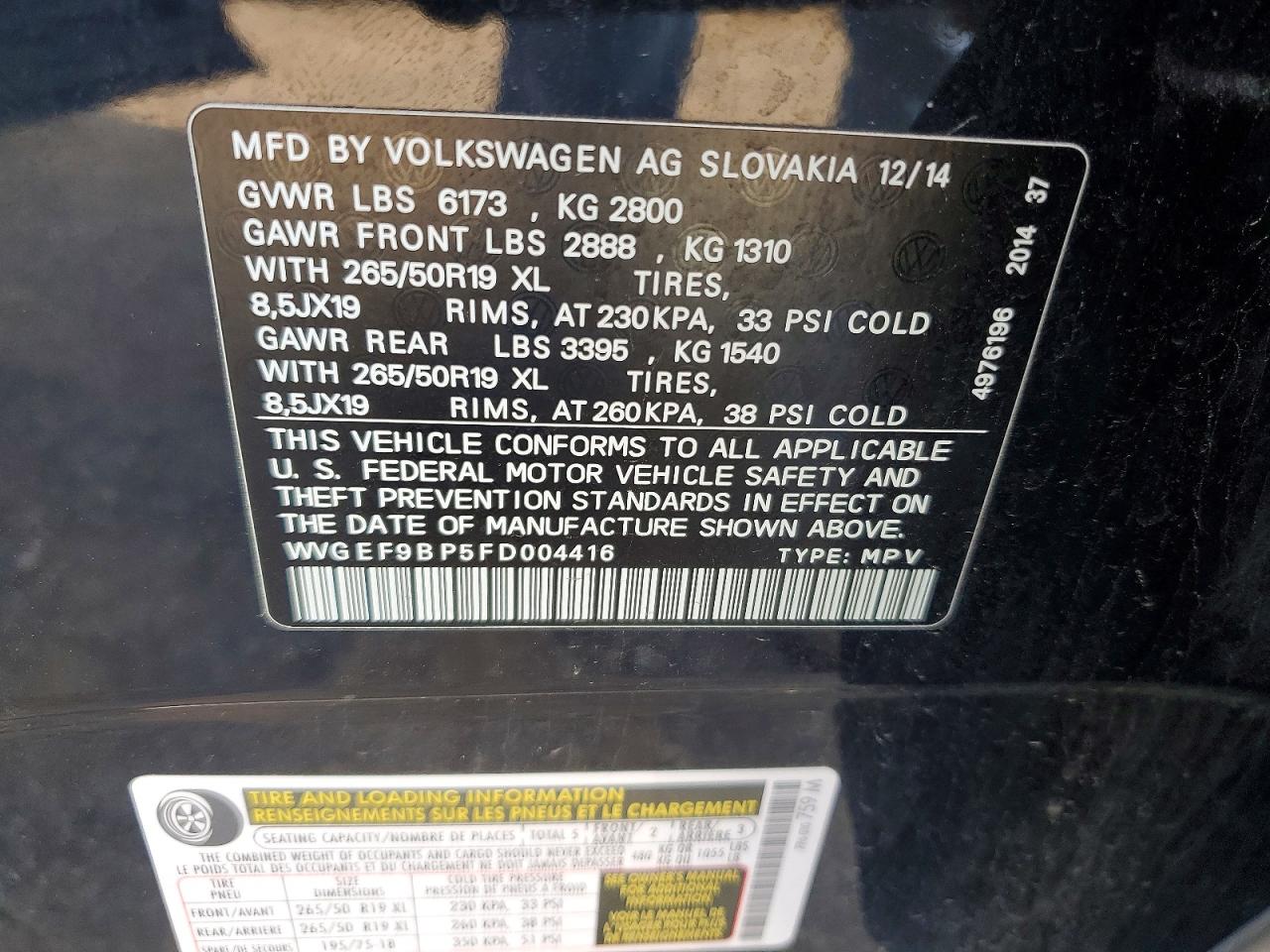 2015 Volkswagen Touareg V6 Black vin: WVGEF9BP5FD004416