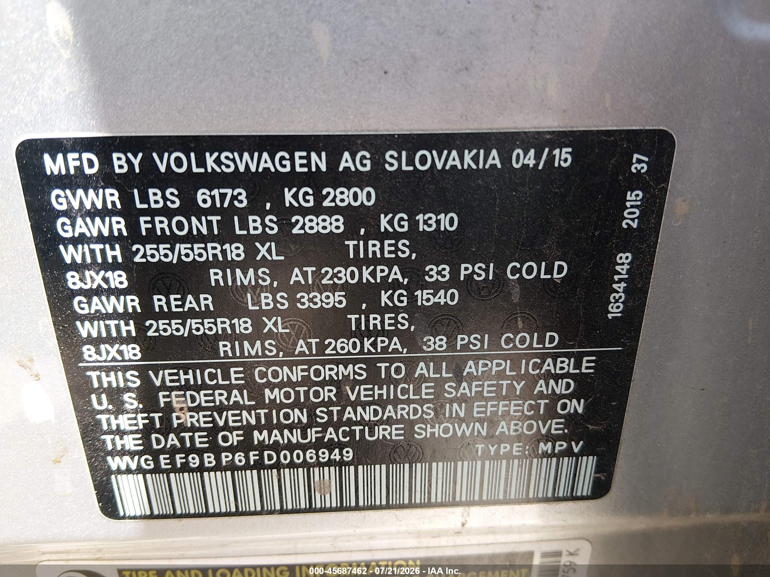 2015 Volkswagen Touareg V6 Sport Gray vin: WVGEF9BP6FD006949