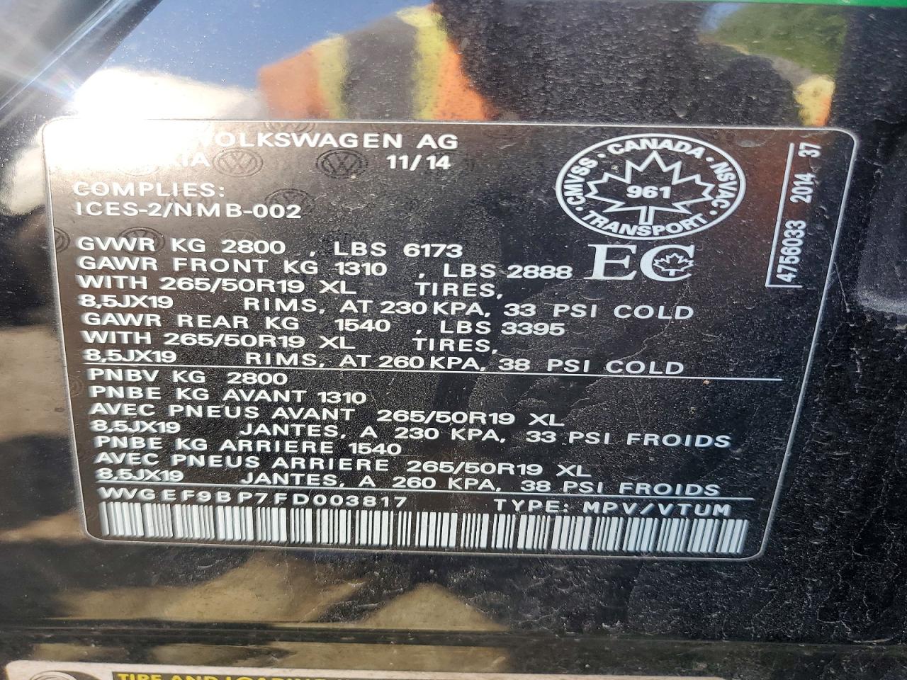 2015 Volkswagen Touareg V6 Black vin: WVGEF9BP7FD003817