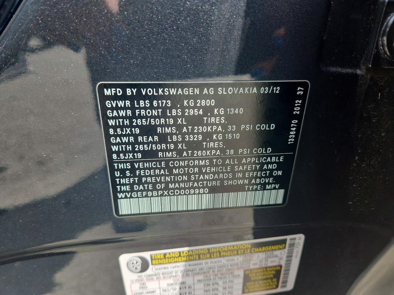 2012 Volkswagen Touareg V6 Gray vin: WVGEF9BPXCD009980
