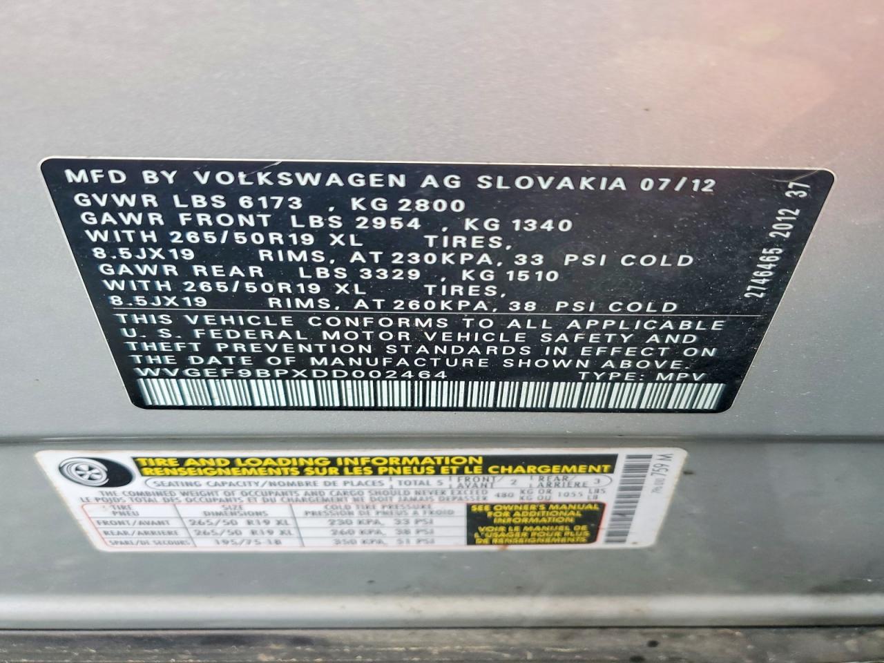 2013 Volkswagen Touareg V6 Silver vin: WVGEF9BPXDD002464