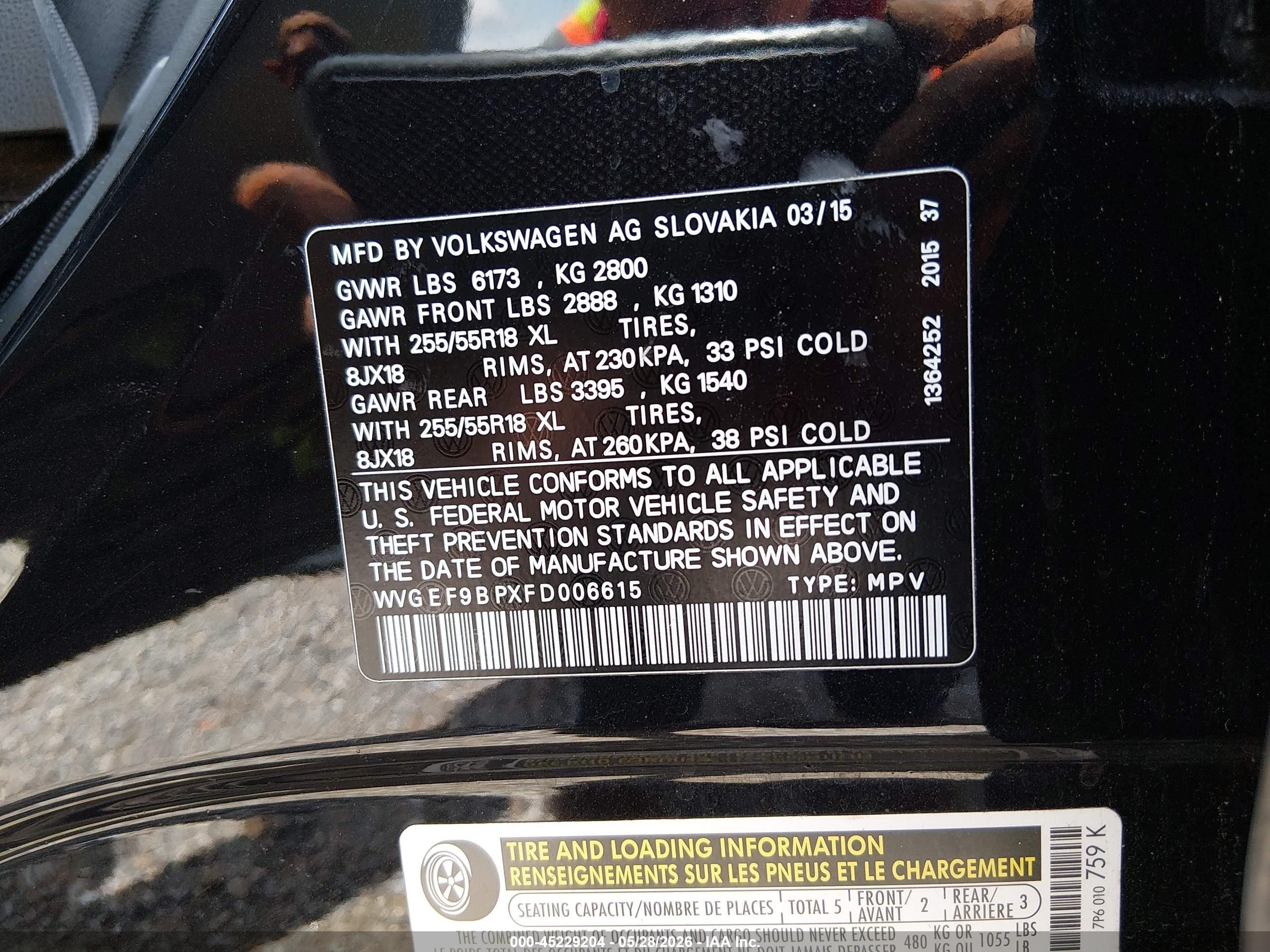 2015 Volkswagen Touareg V6 Sport Black vin: WVGEF9BPXFD006615