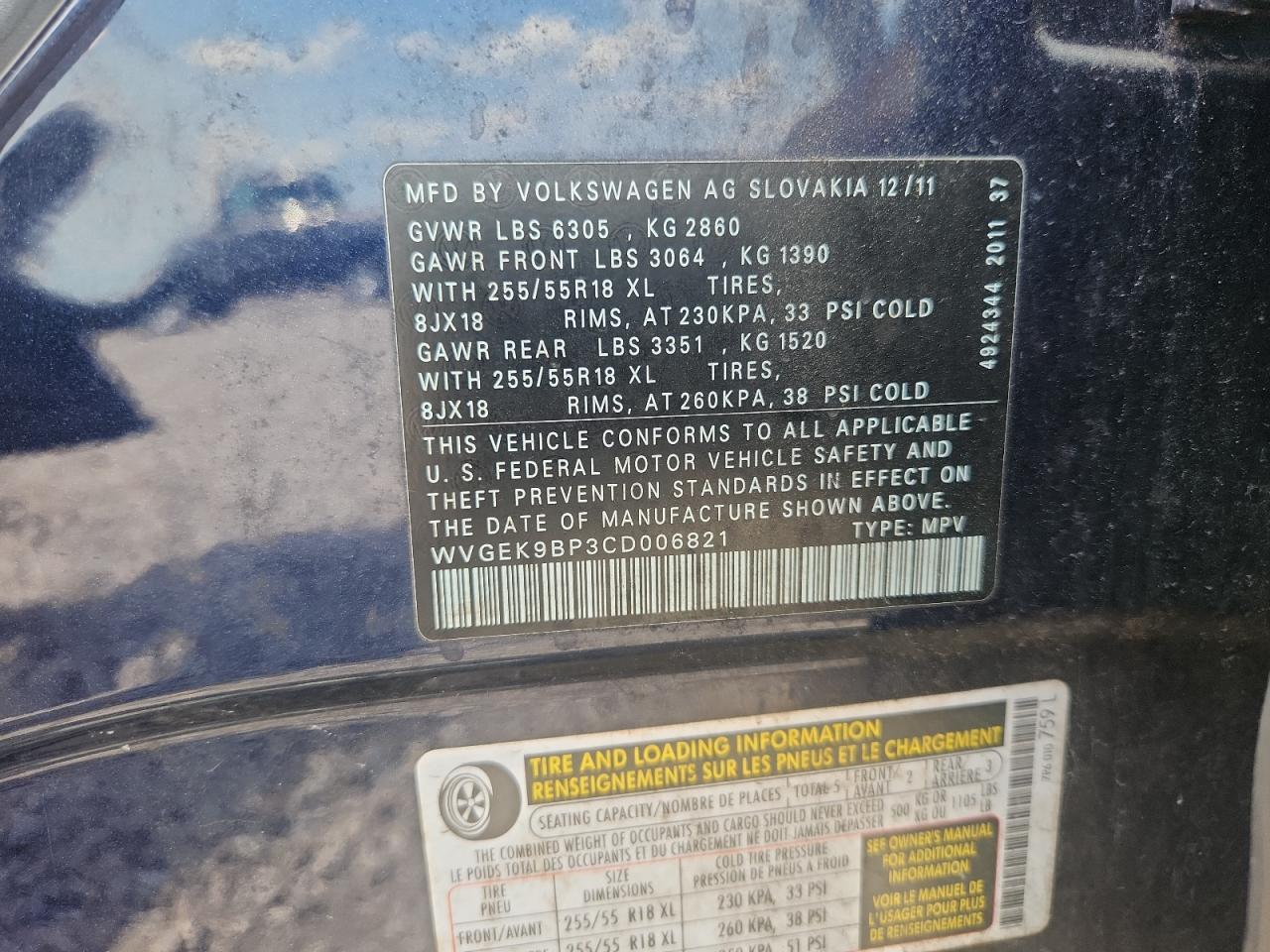 2012 Volkswagen Touareg V6 Tdi Blue vin: WVGEK9BP3CD006821