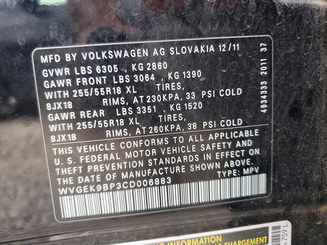 2012 Volkswagen Touareg V6 Tdi Black vin: WVGEK9BP3CD006883