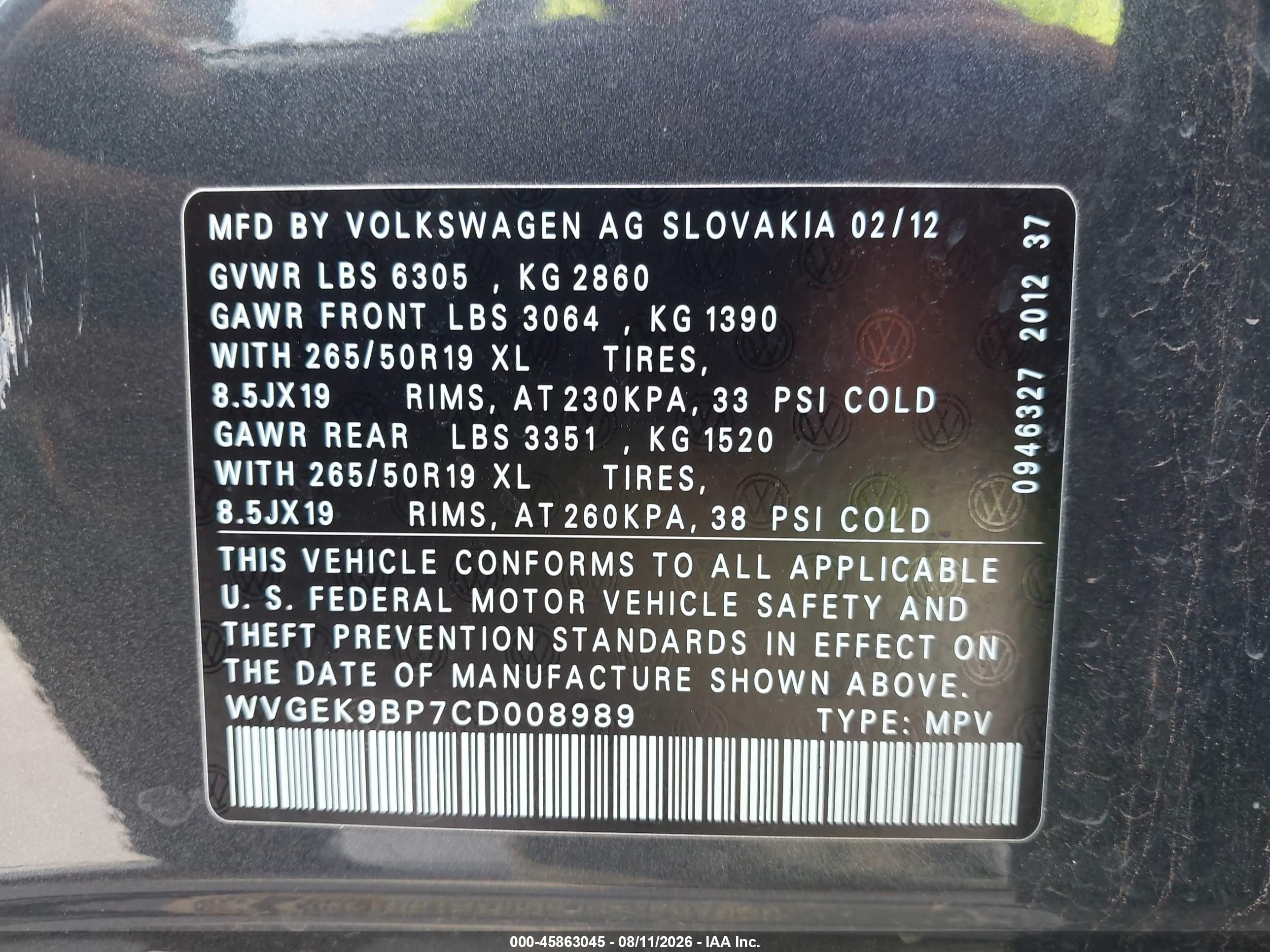 2012 Volkswagen Touareg Tdi Lux Gray vin: WVGEK9BP7CD008989