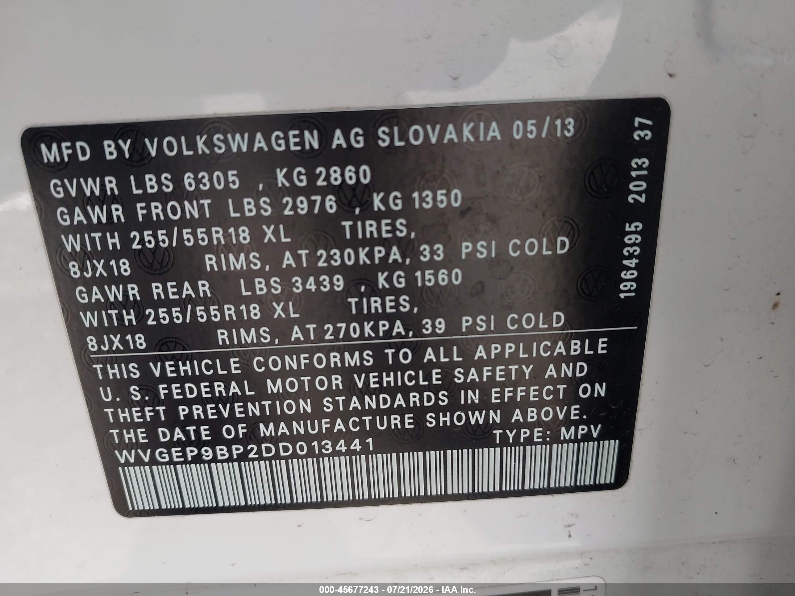 2013 Volkswagen Touareg Tdi Sport White vin: WVGEP9BP2DD013441