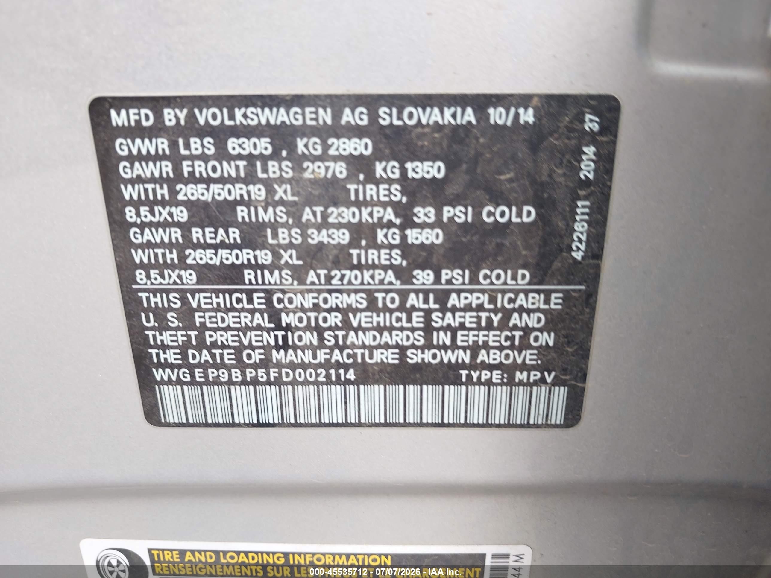 2015 Volkswagen Touareg Tdi Lux Silver vin: WVGEP9BP5FD002114