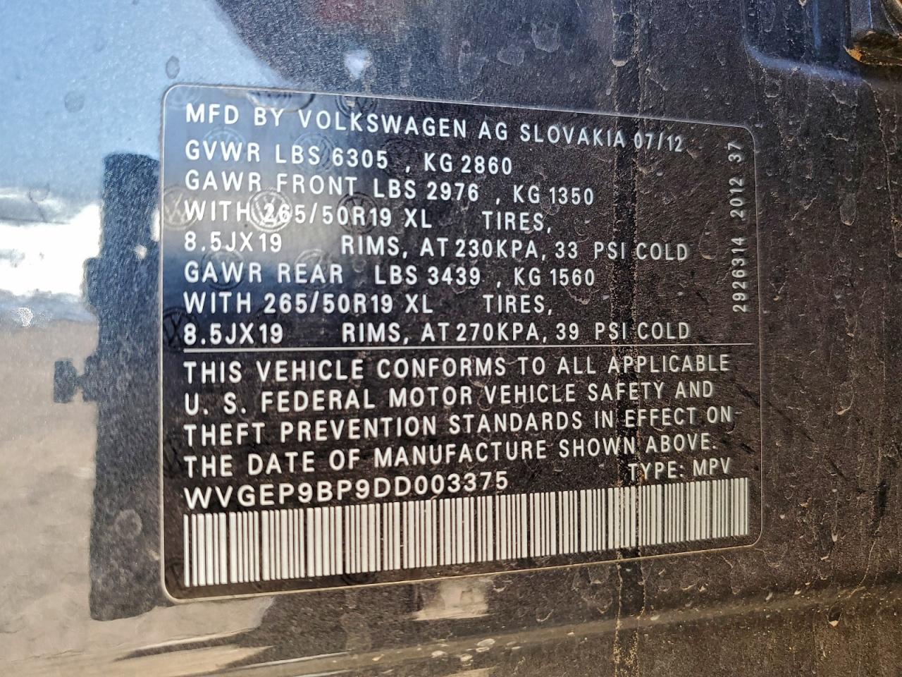 2013 Volkswagen Touareg V6 Tdi Charcoal vin: WVGEP9BP9DD003375