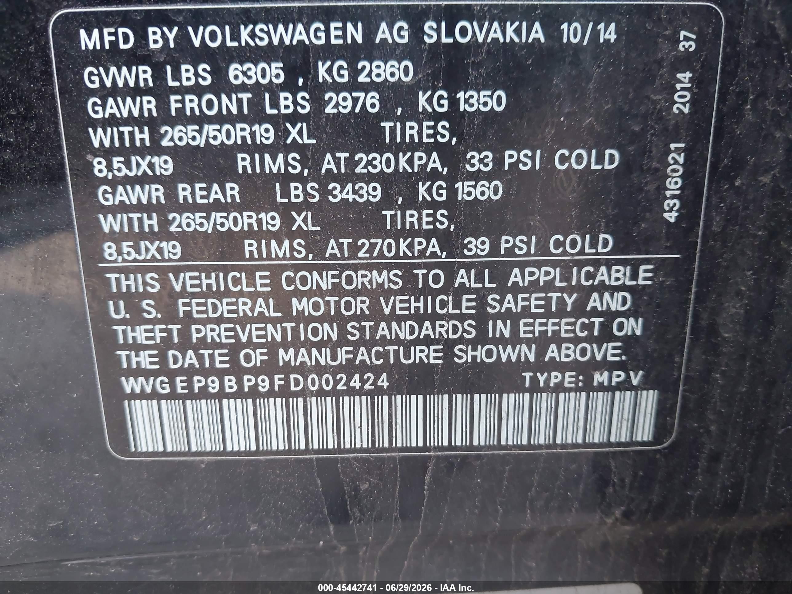 2015 Volkswagen Touareg Tdi Lux Black vin: WVGEP9BP9FD002424