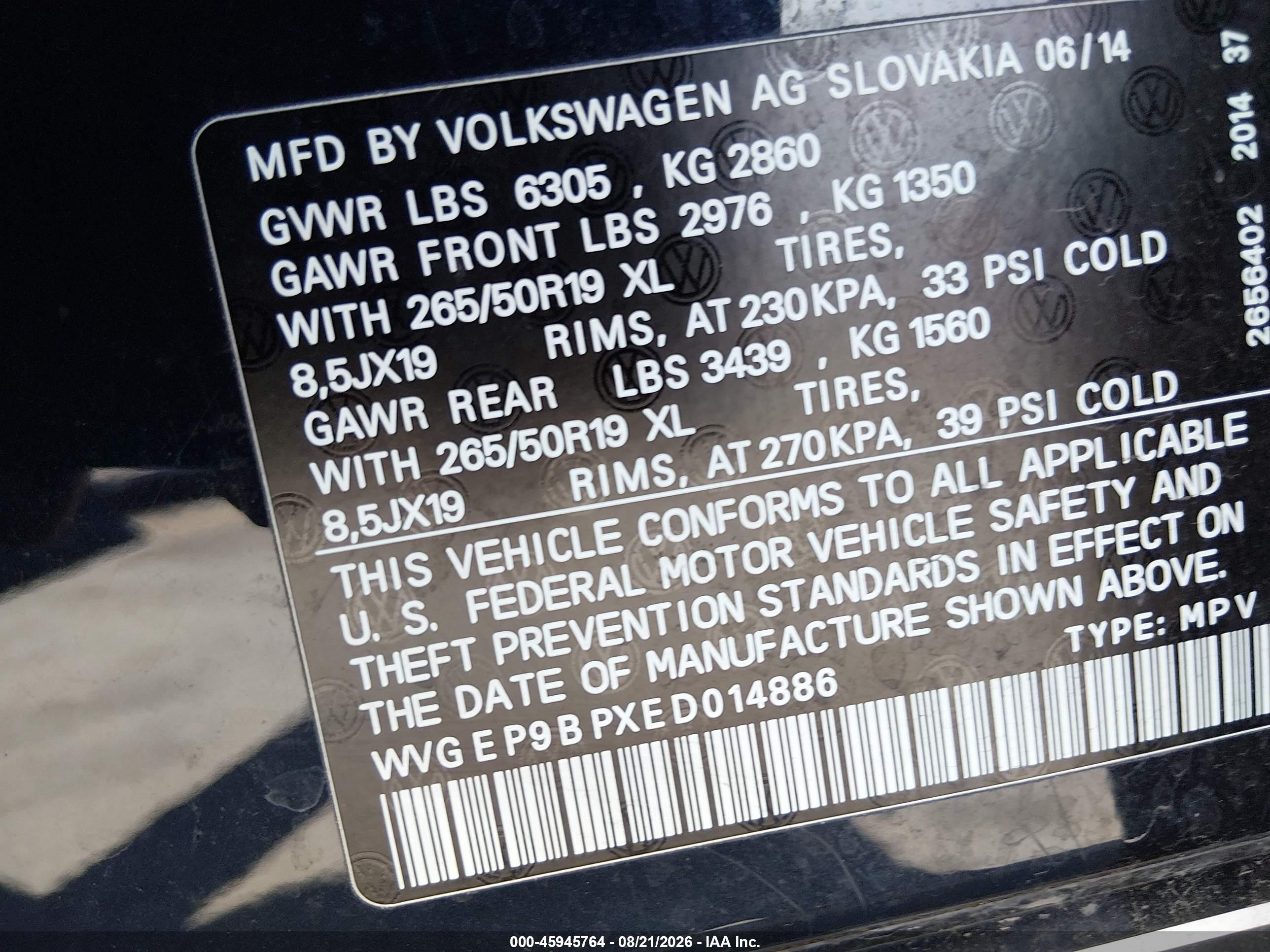 2014 Volkswagen Touareg X Black vin: WVGEP9BPXED014886