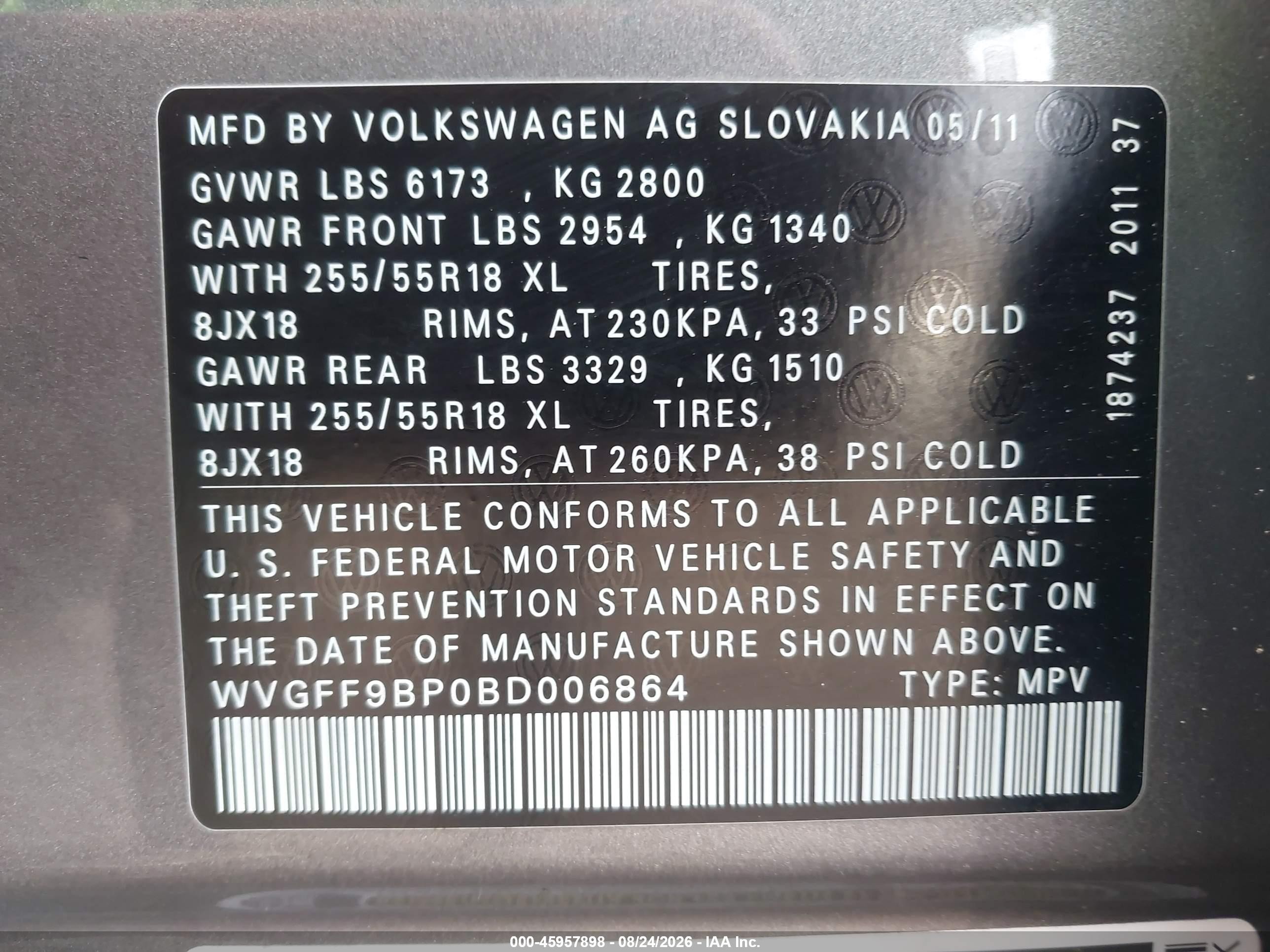 2011 Volkswagen Touareg Vr6 Executive/vr6 Lux/vr6 Sport Gray vin: WVGFF9BP0BD006864