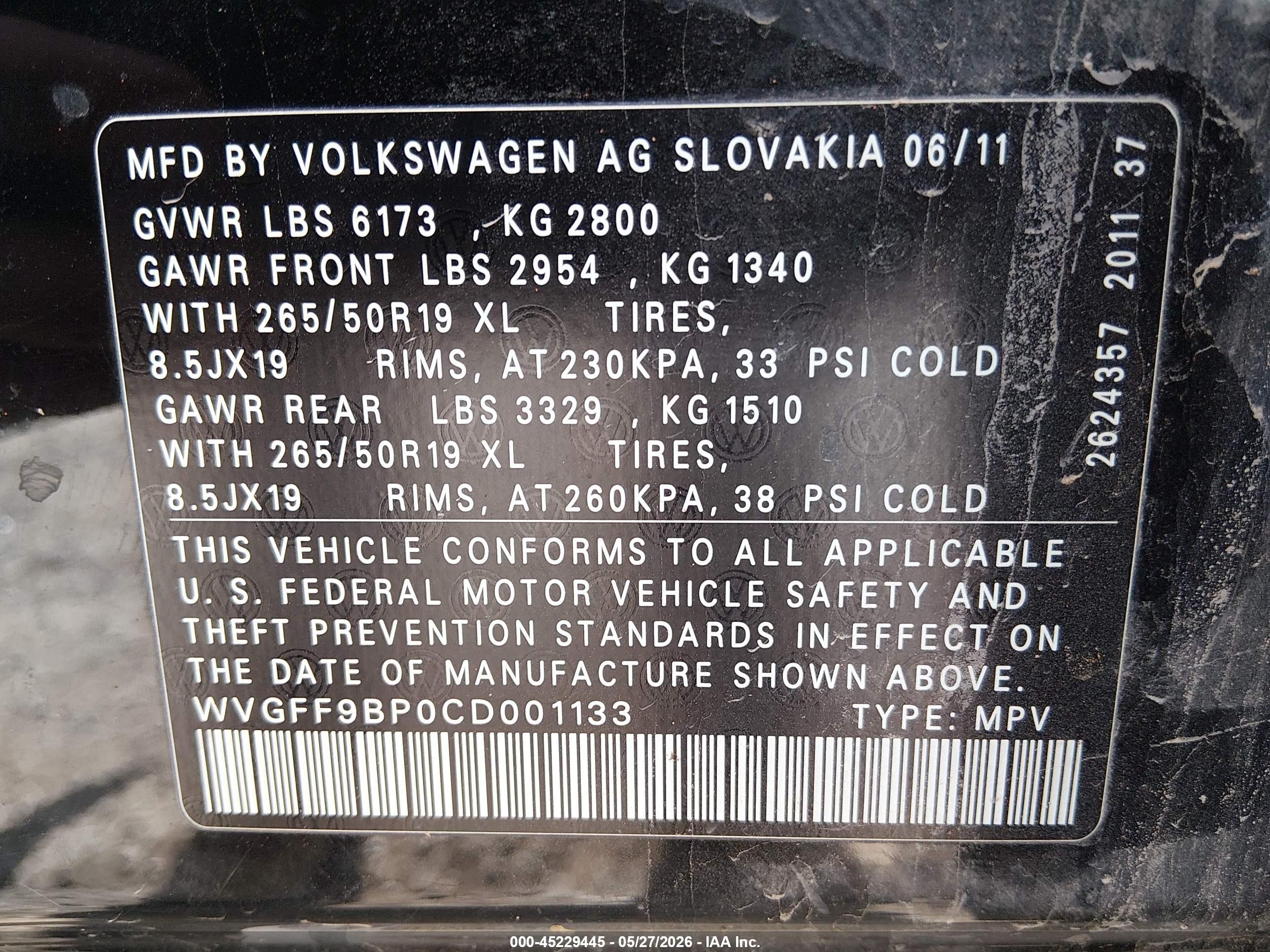 2012 Volkswagen Touareg Vr6 Lux Black vin: WVGFF9BP0CD001133