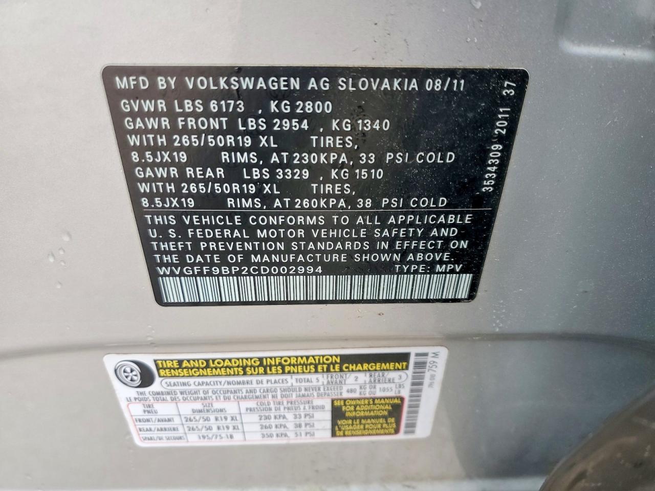 2012 Volkswagen Touareg V6 Серебряный vin: WVGFF9BP2CD002994